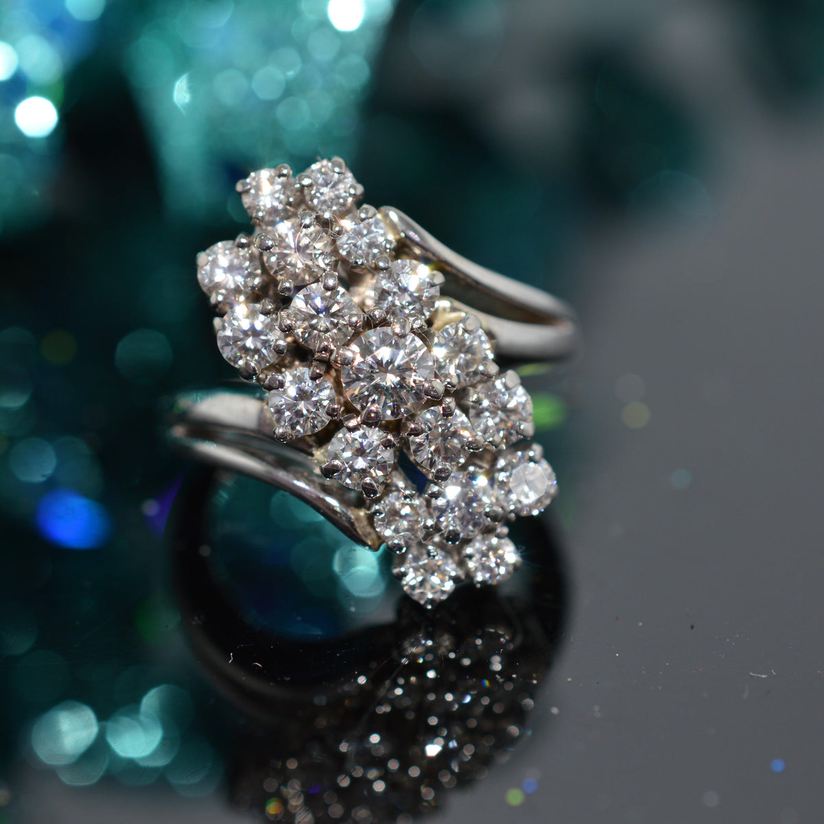 14K White Gold Flat Waterfall Diamond Cluster Ring