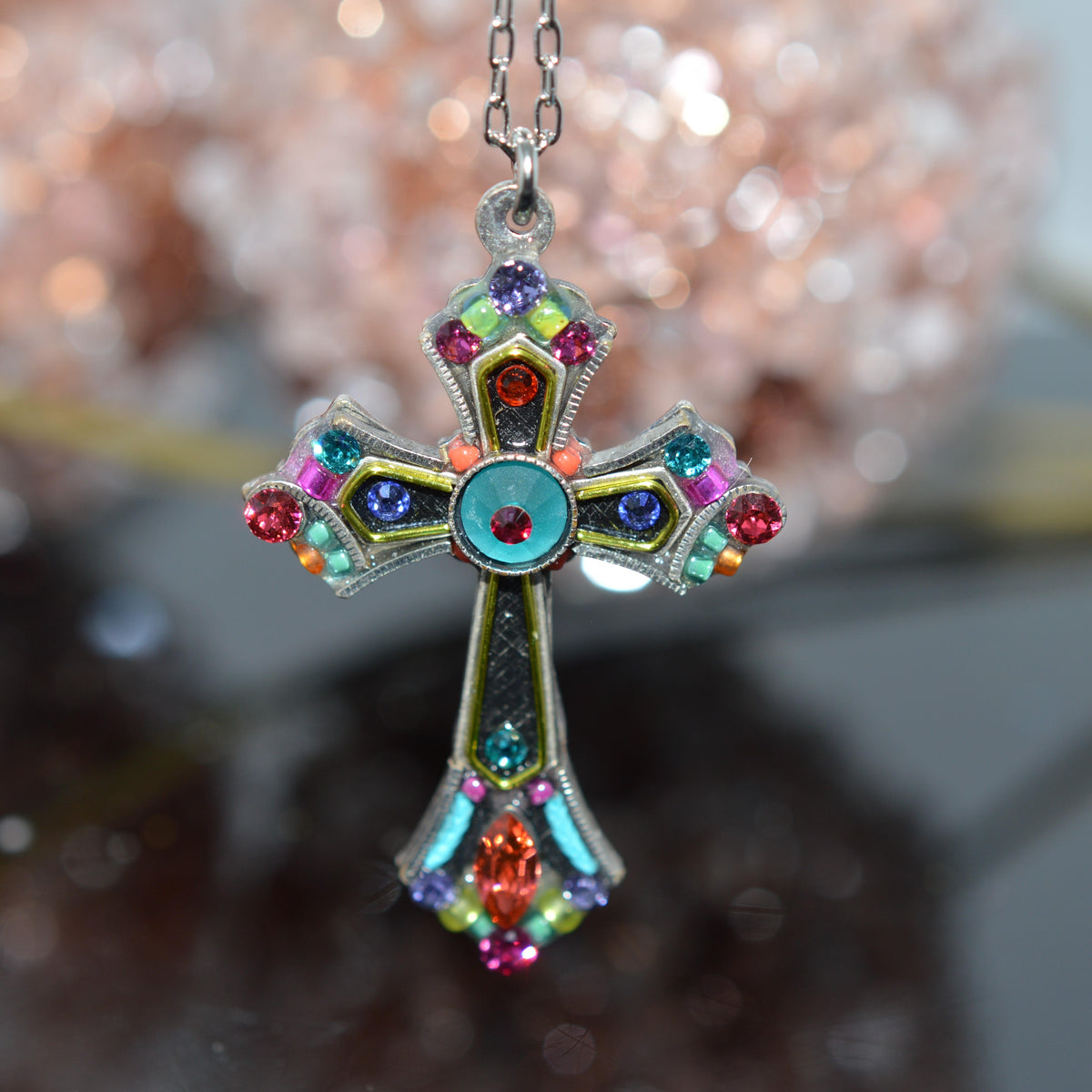 Antique Silver Plated Large Multi-Color Cross Pendant by Firefly