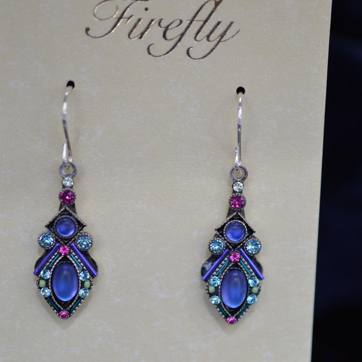 Antique Silver Plate Moonlight Drop Earrings With Tanzanite Color Crystals By Firefly