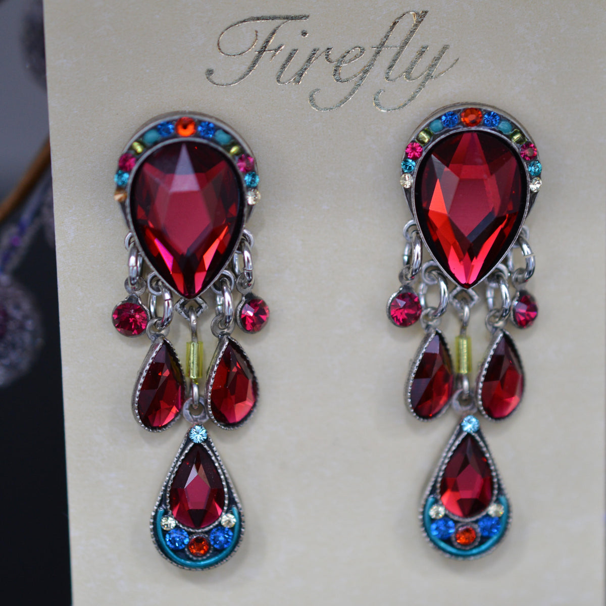 Antique Silver Plate Elizabeth Chandelier Earrings With Multi-Color Crystals By Firefly