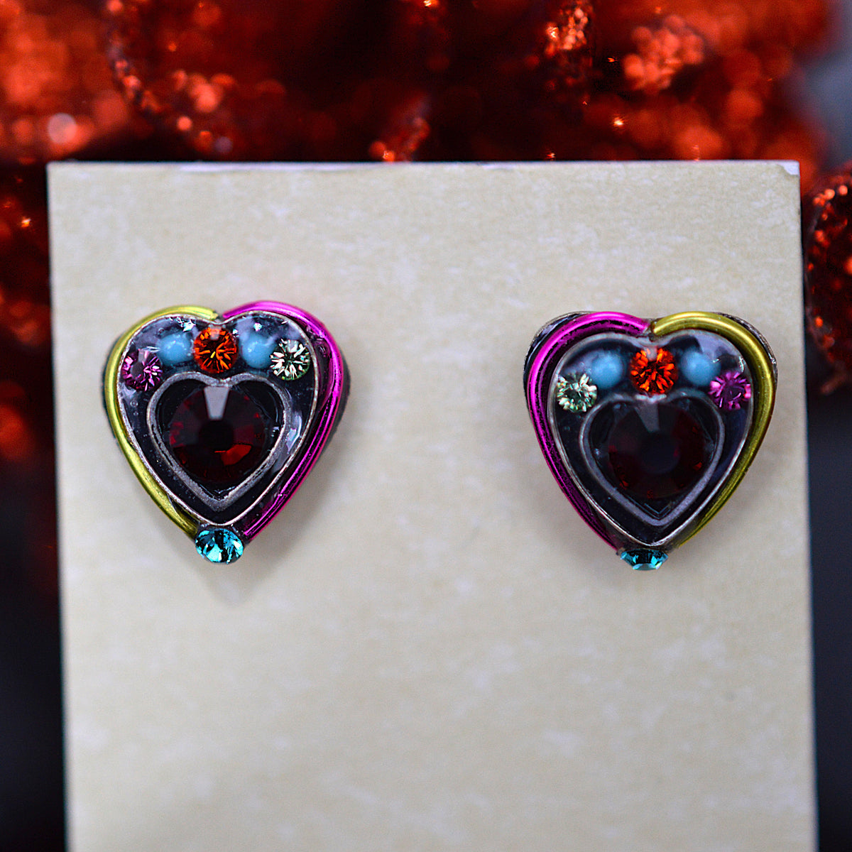 Antique Silver Plated Mini Heart Stud Earrings With Multi-Color Crystals by Firefly