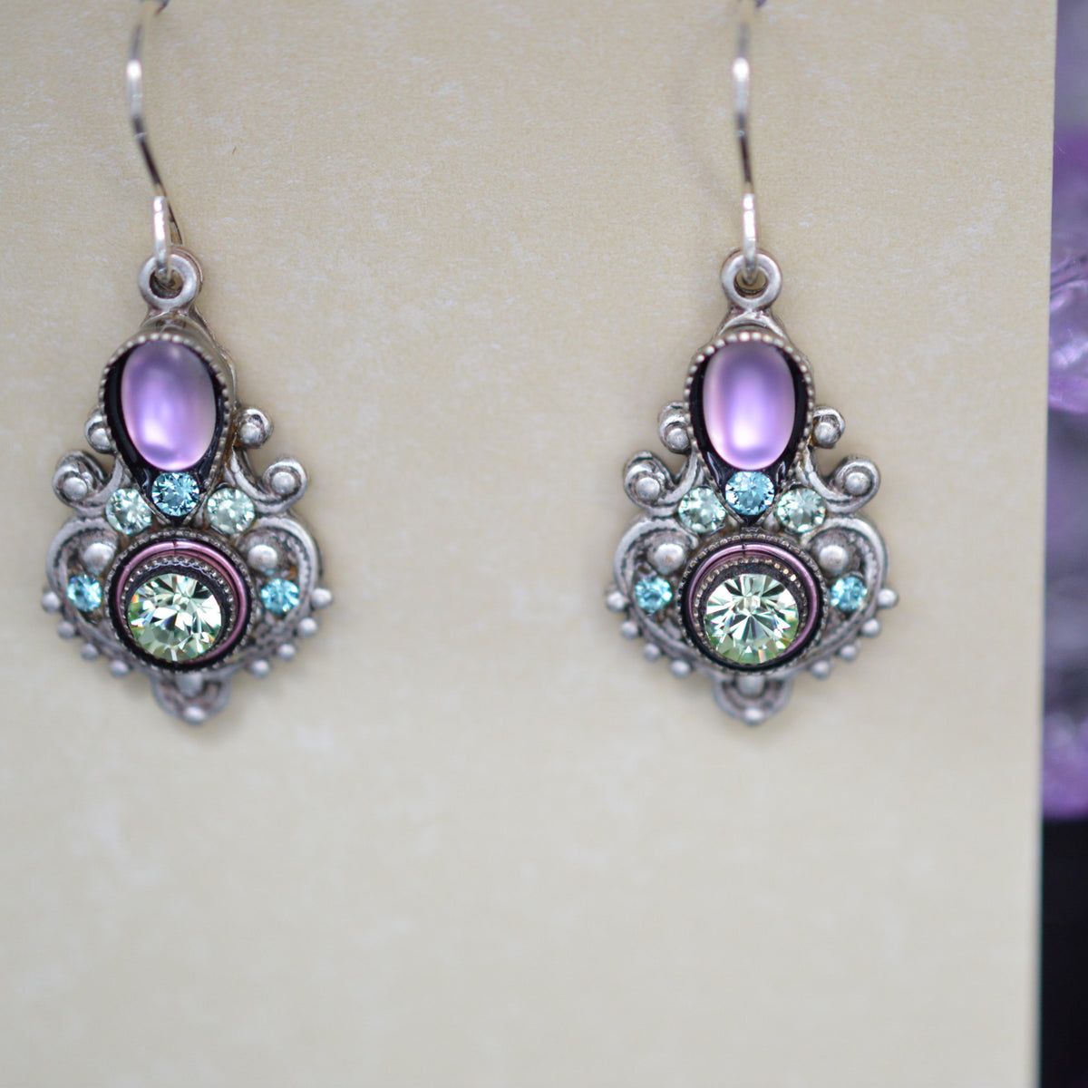 Antique Silver Plated Soft Pink Moonlight Earrings by Firefly