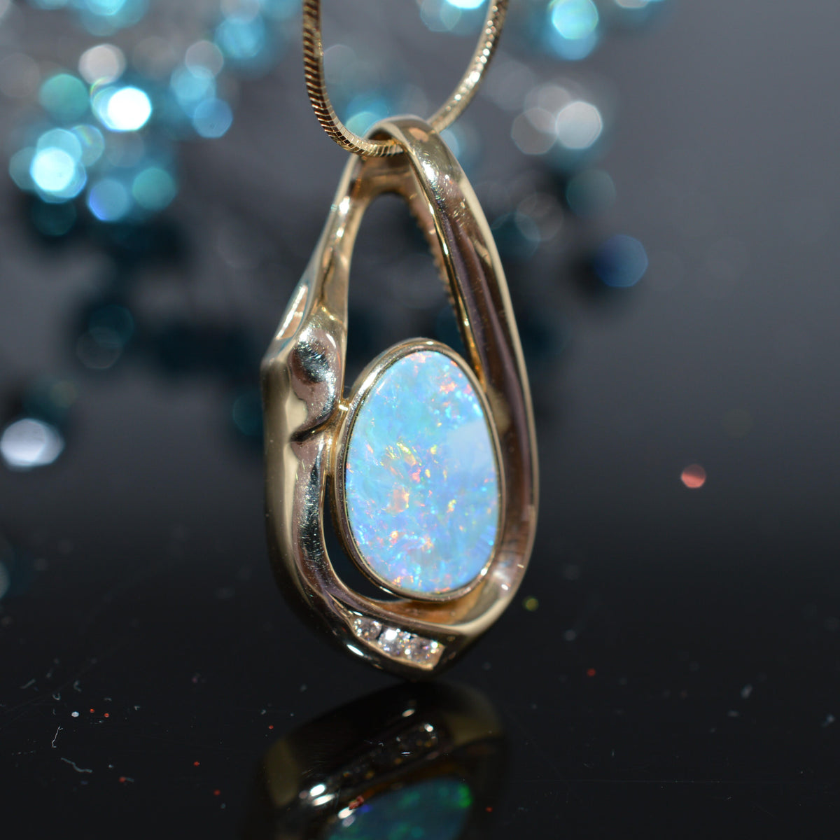 14K Yellow Gold Opal Doublet, Diamond, & Snake Chain Necklace