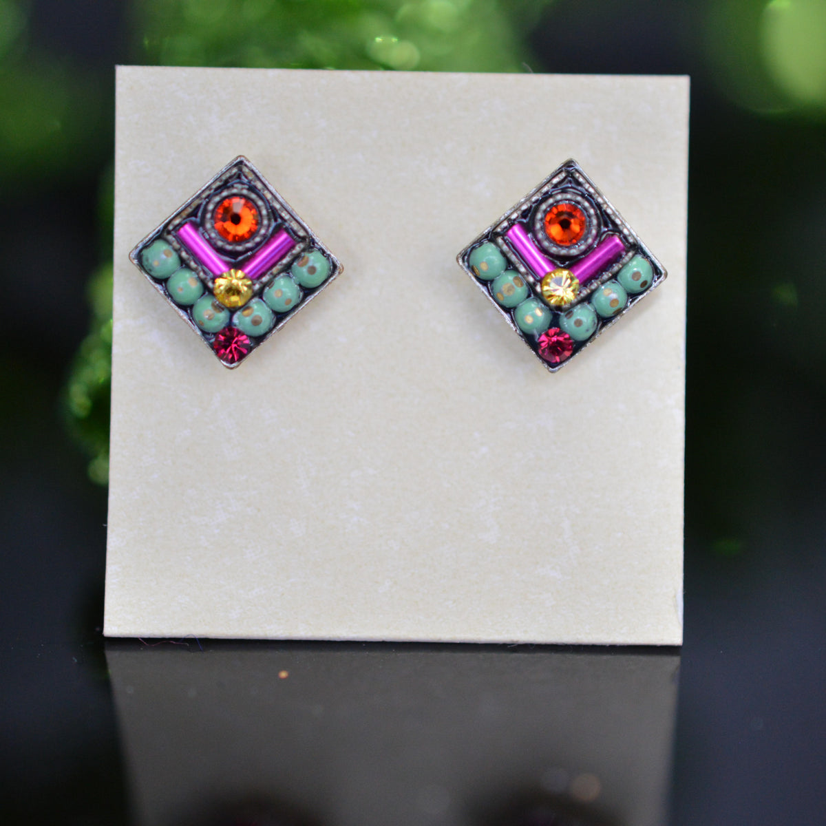 Antique Silver Plated Square Chevron Multi-Color Crystal Earrings by Firefly
