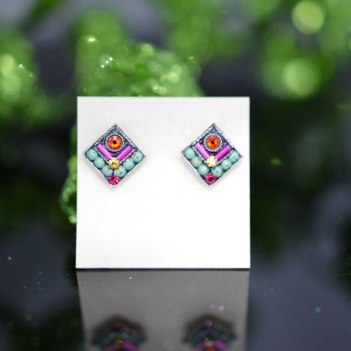 Antique Silver Plated Square Chevron Multi-Color Crystal Earrings by Firefly