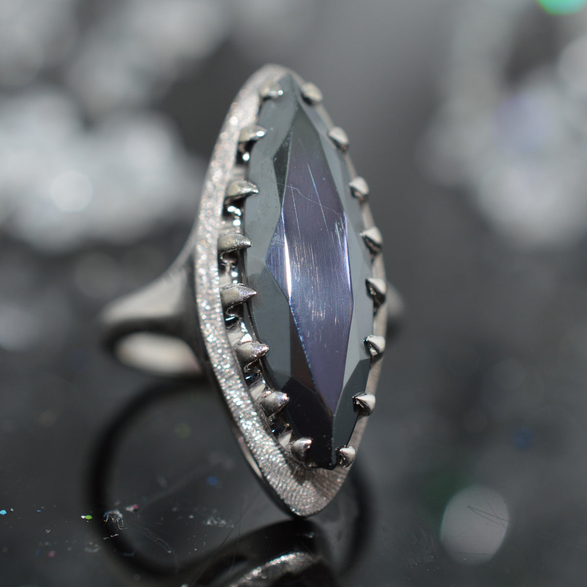 10K White Gold Marquise Cut Hematite Ring