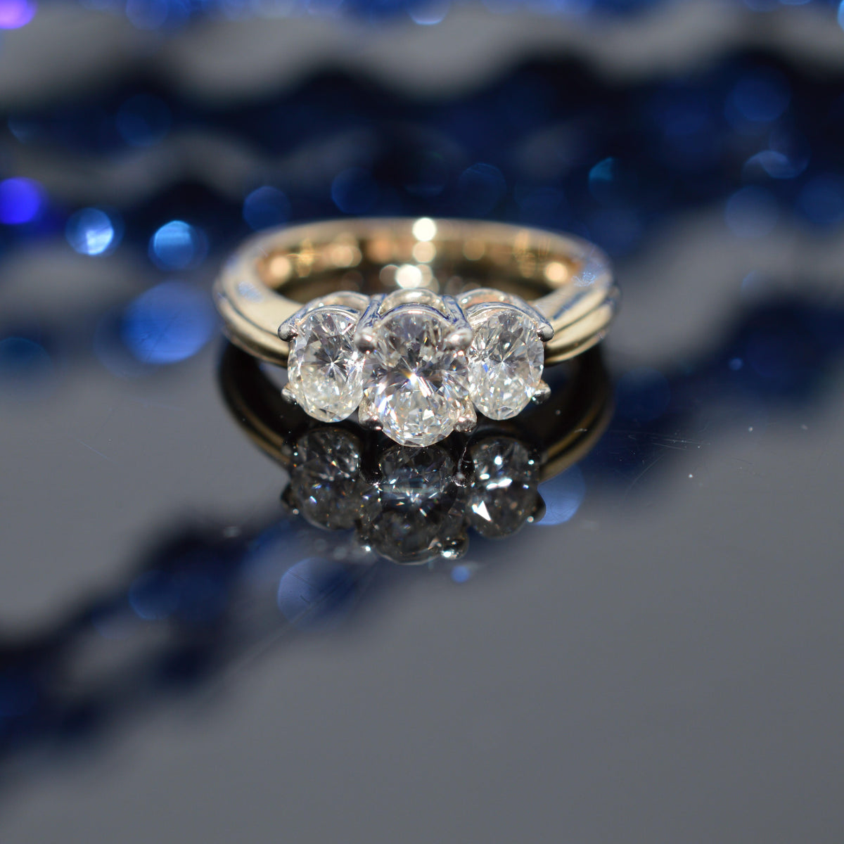 14K Two Tone Gold Past, Present, Future Diamond Ring With 3 Oval Diamonds