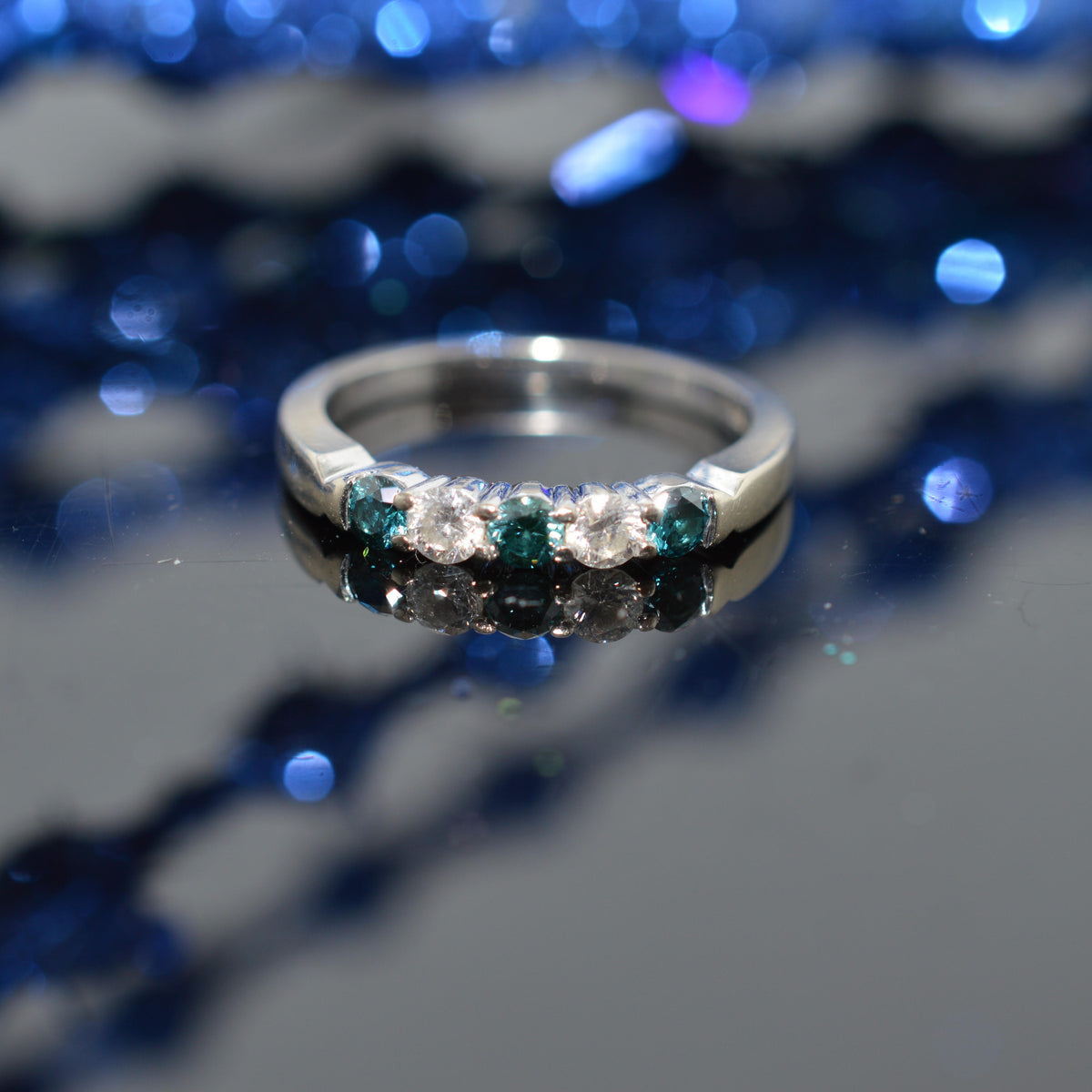 14K White Gold Blue & White Diamond Anniversary Ring