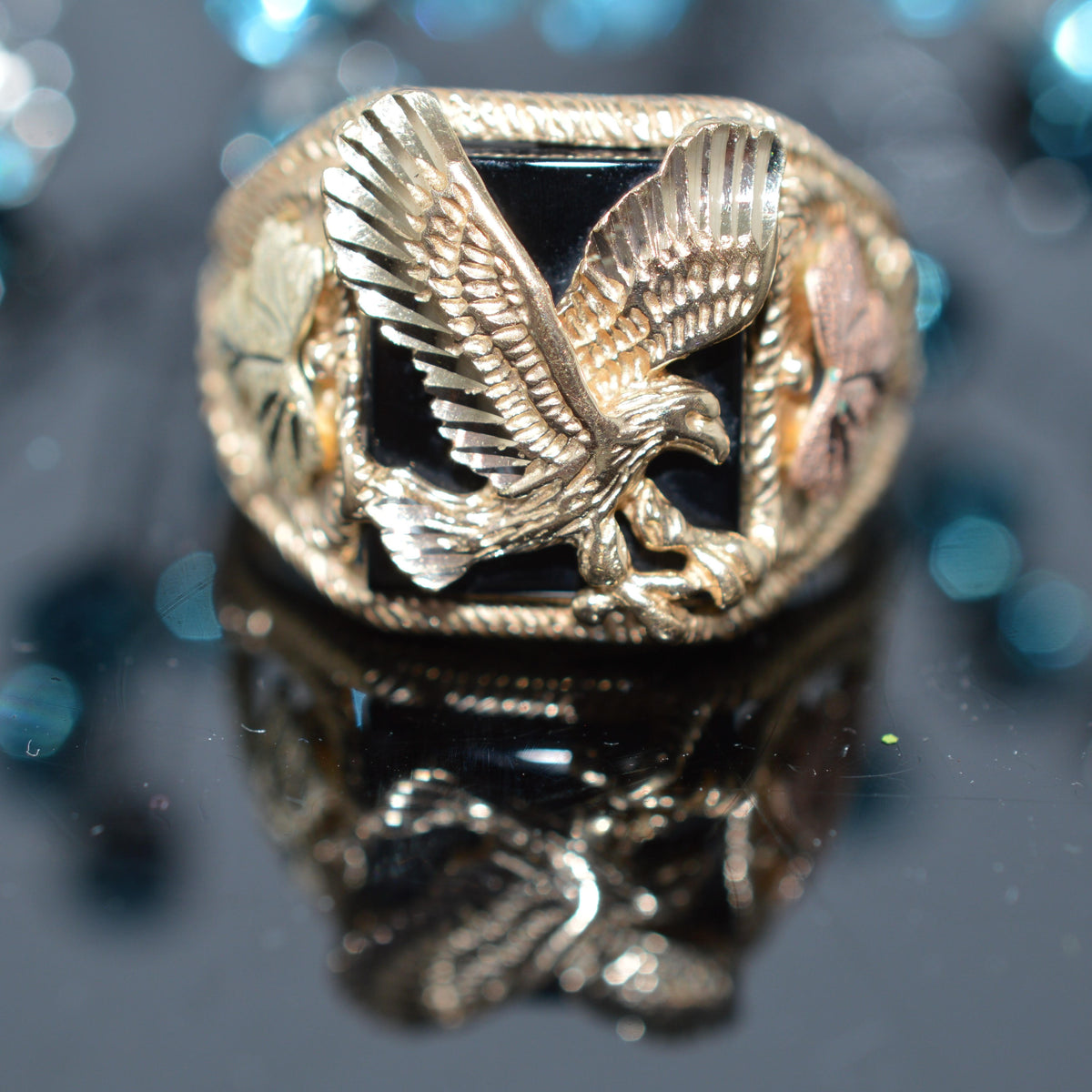 10K Tri-Color Black Hills Gold Black Onyx & Eagle Ring
