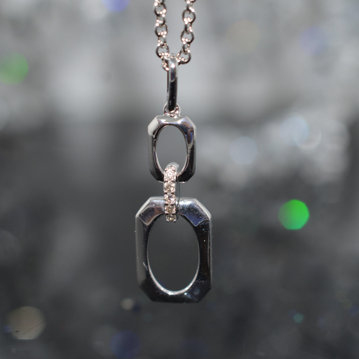 Sterling Silver Chain With Octagonal Pendant Set With Diamonds