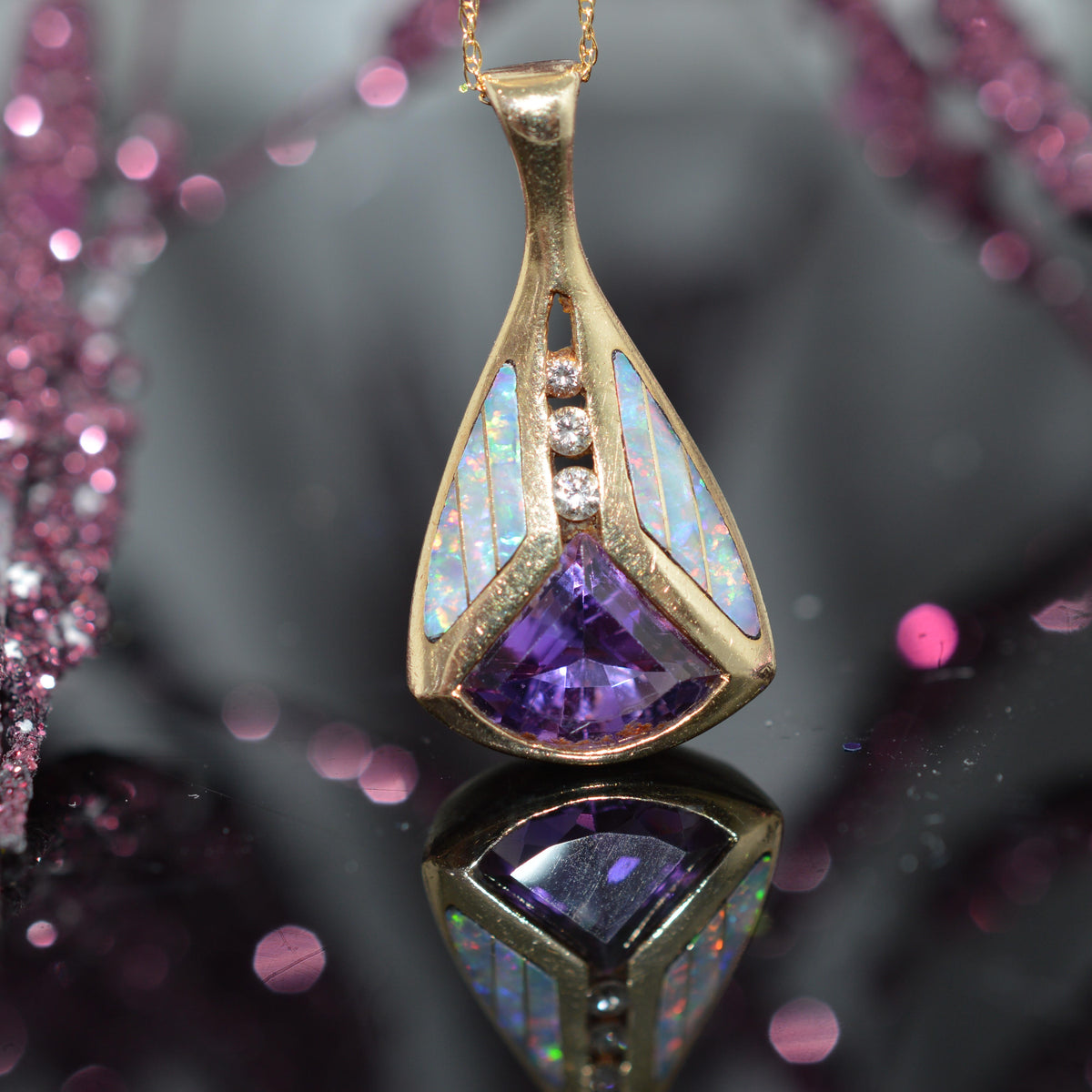14K Yellow Gold Diamond, Amethyst, & Inlaid Opal Pendant by "Kabana"