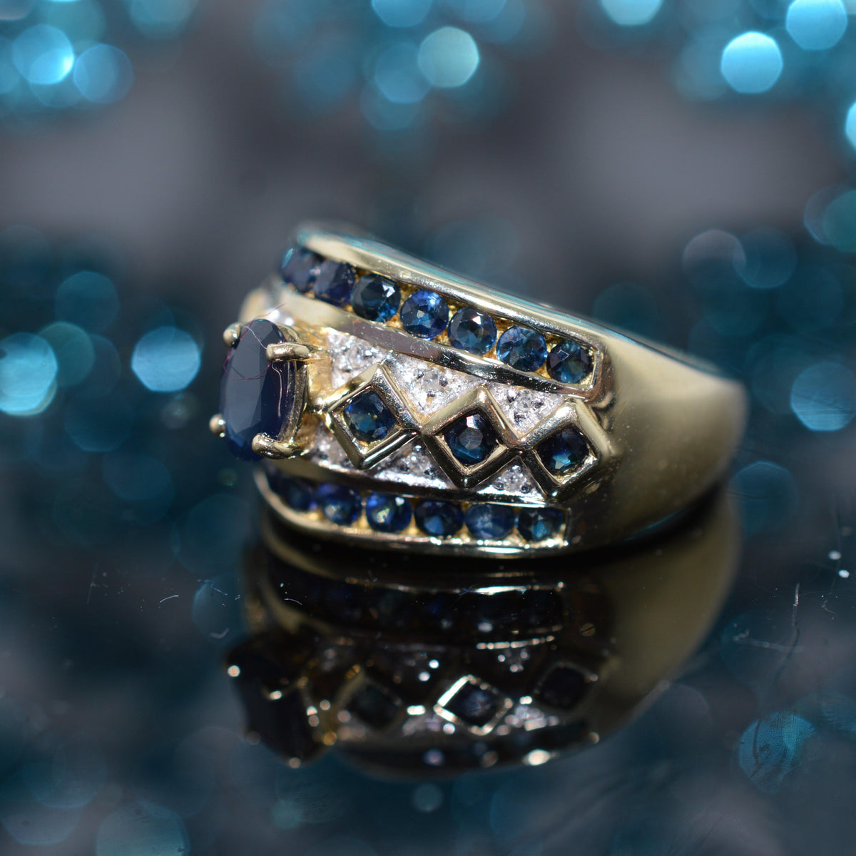 14K Two Tone Gold Wide Band Ring With Sapphires & Diamonds