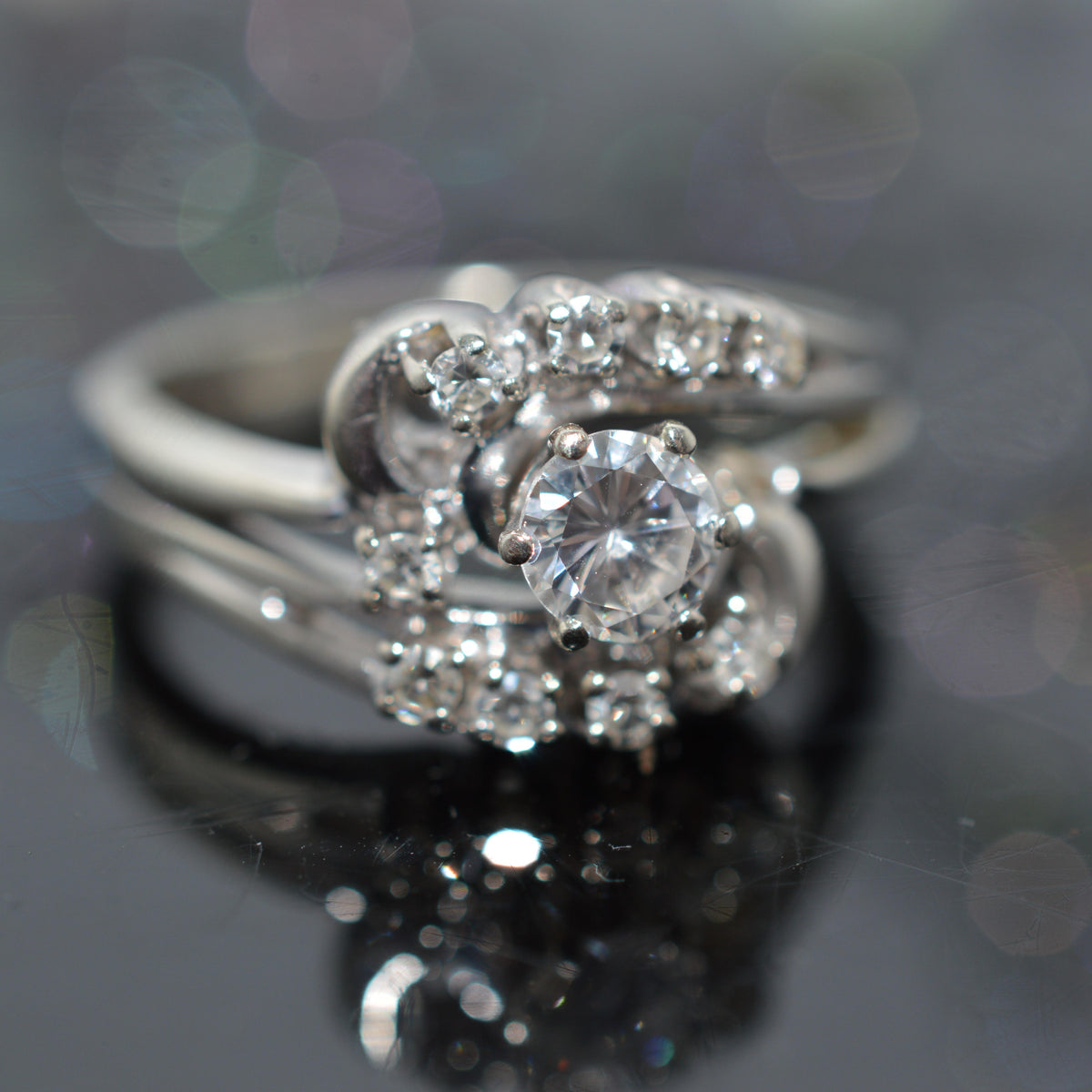 14K White Gold Diamond 2 Piece Engagement Ring Set Welded Together