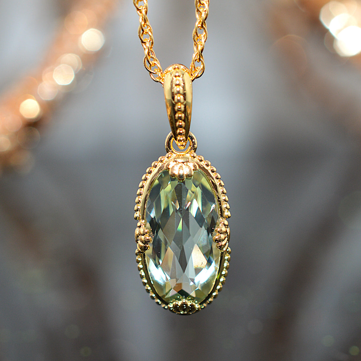 Gold Vermeil Chain & Pendant With Long Oval Cut Green Amethyst Gemstone
