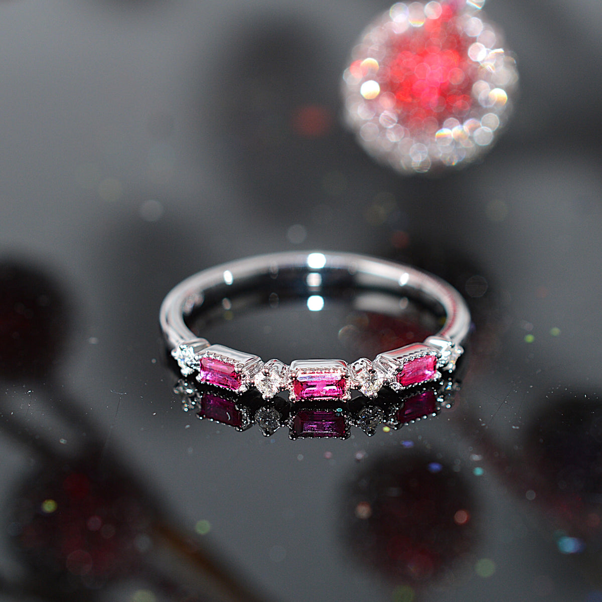 14K White Gold Baguette Genuine Ruby & Diamond Anniversary Ring