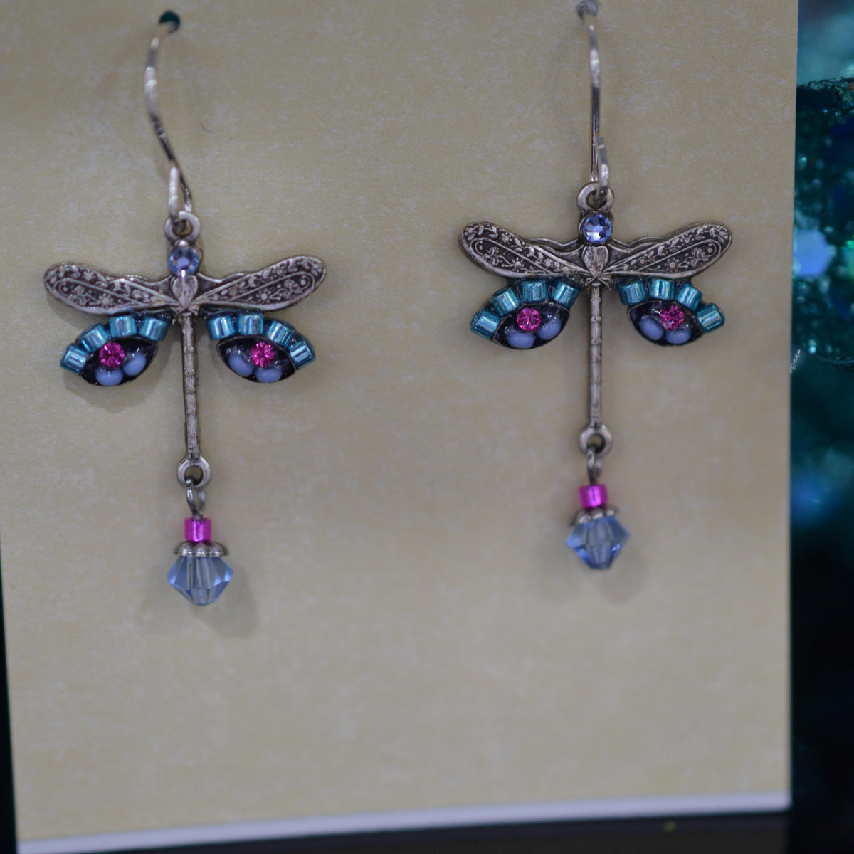Antique Silver Plate Light Blue Crystal Dragonfly Earrings By Firefly