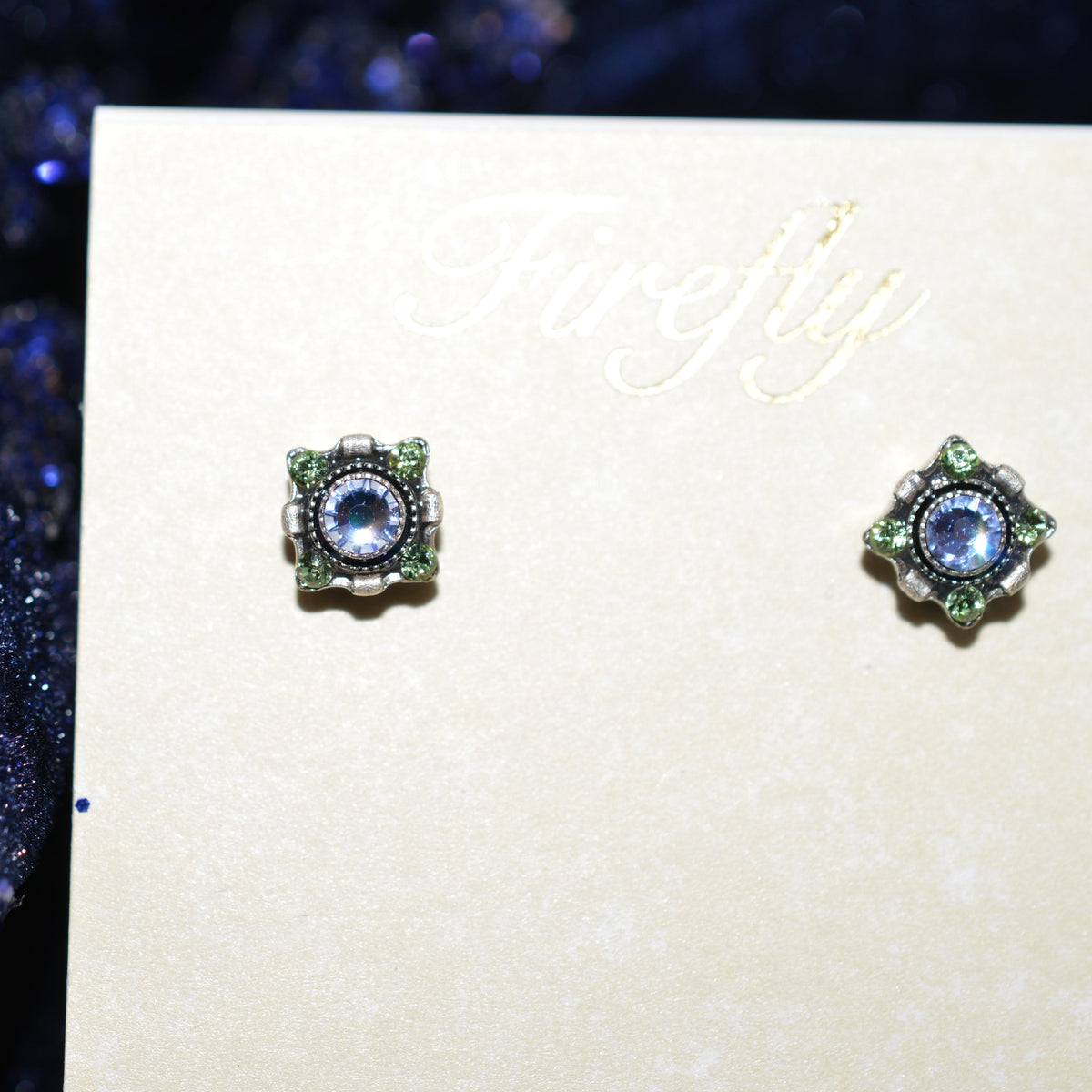 Antique Silver Plated Violet Crystal Dulce Stud Earrings By Firefly