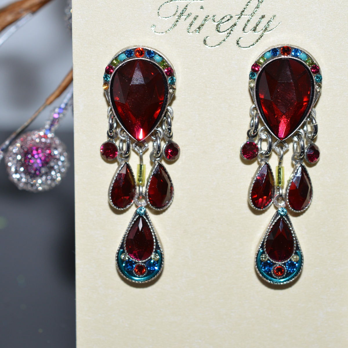 Antique Silver Plate Elizabeth Chandelier Earrings With Multi-Color Crystals By Firefly