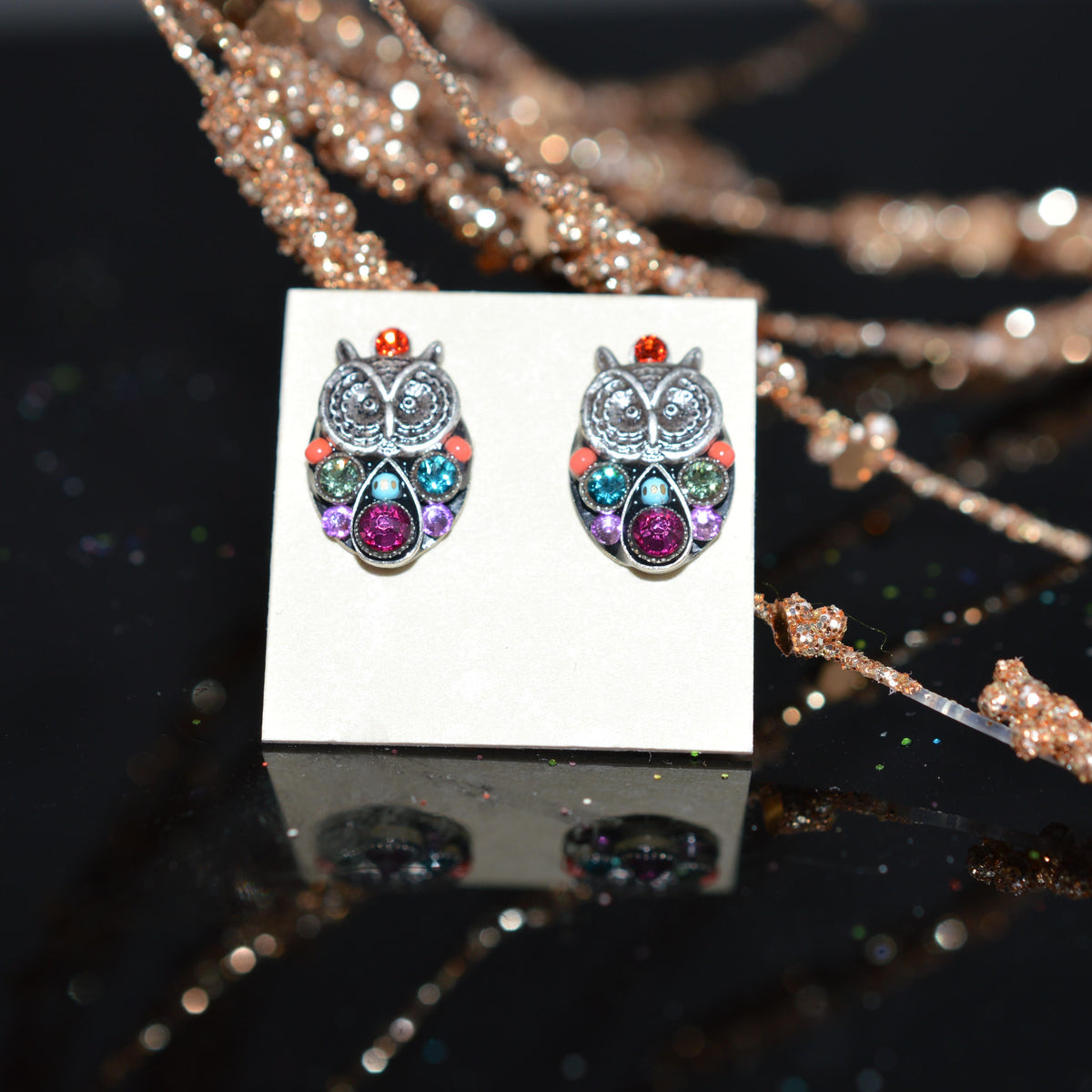 Antique Silver Plated Owl Stud Multi-Color Crystal Earrings by Firefly