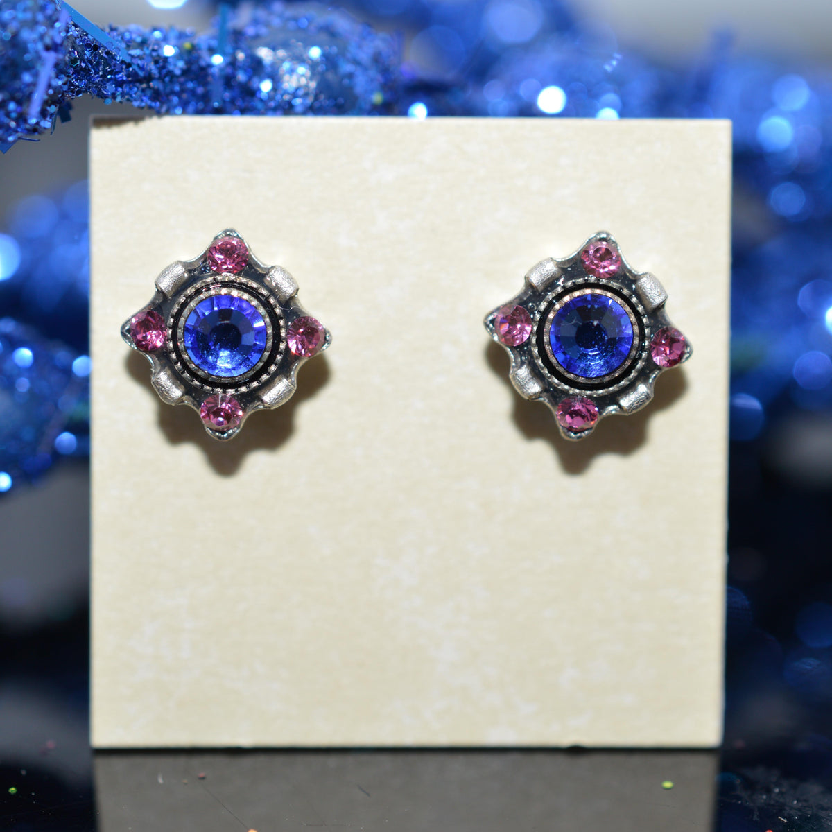 Antique Silver Plated Square Dulce Petite Sapphire Crystal Earrings by Firefly