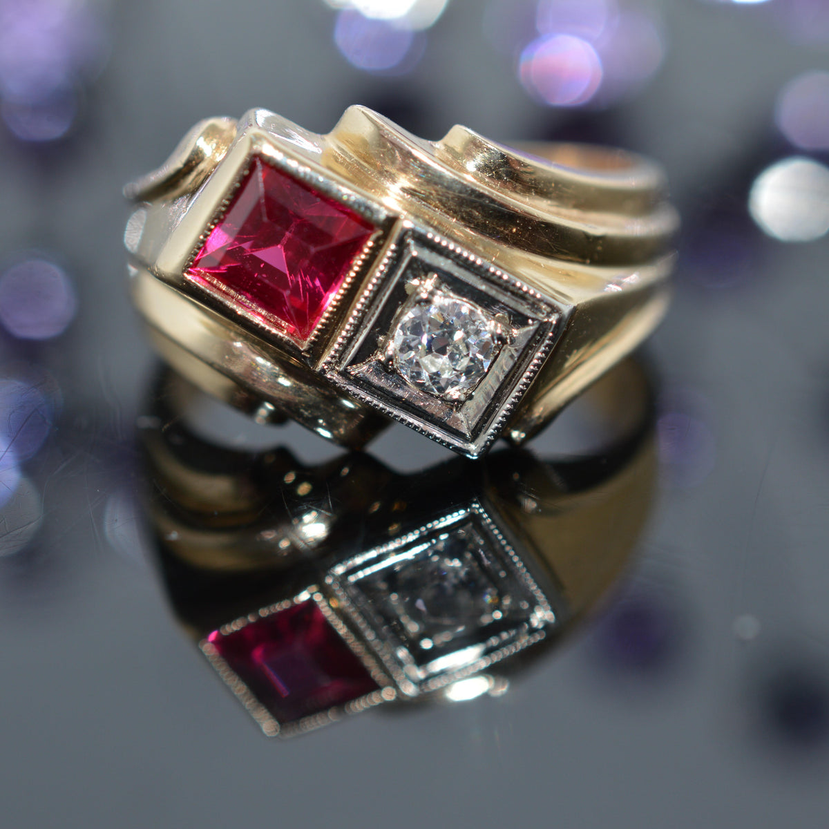 14K Yellow Gold Ring With Synthetic Ruby & Old Mine Cut Diamond