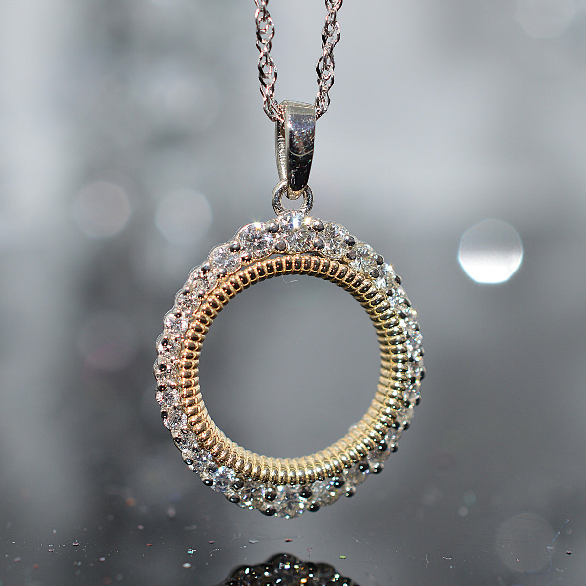 14K Two Tone Gold Diamond Circle Pendant With Chain