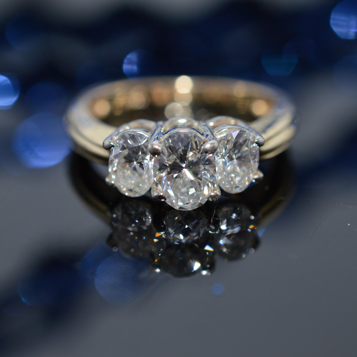 14K Two Tone Gold Past, Present, Future Diamond Ring With 3 Oval Diamonds