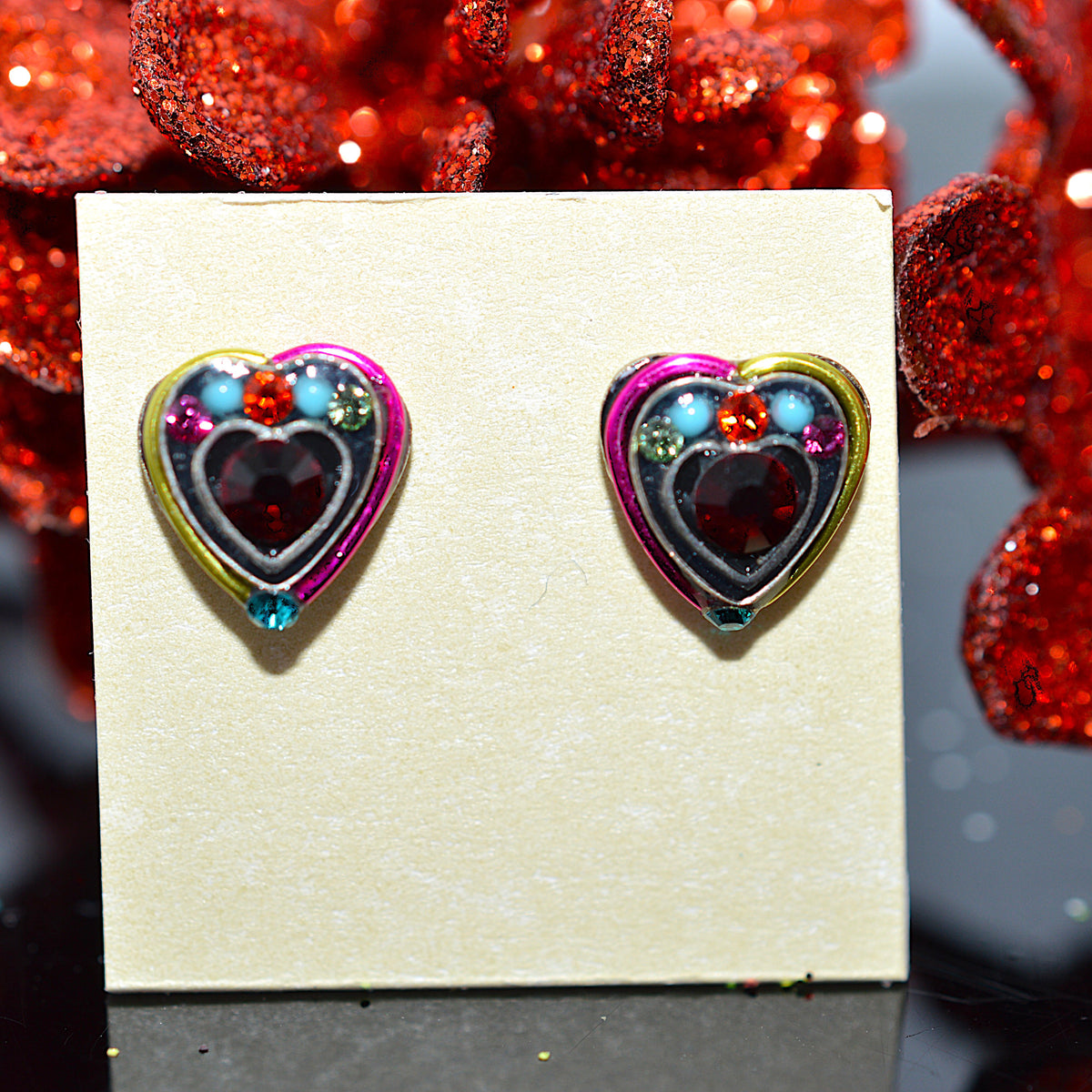 Antique Silver Plated Mini Heart Stud Earrings With Multi-Color Crystals by Firefly