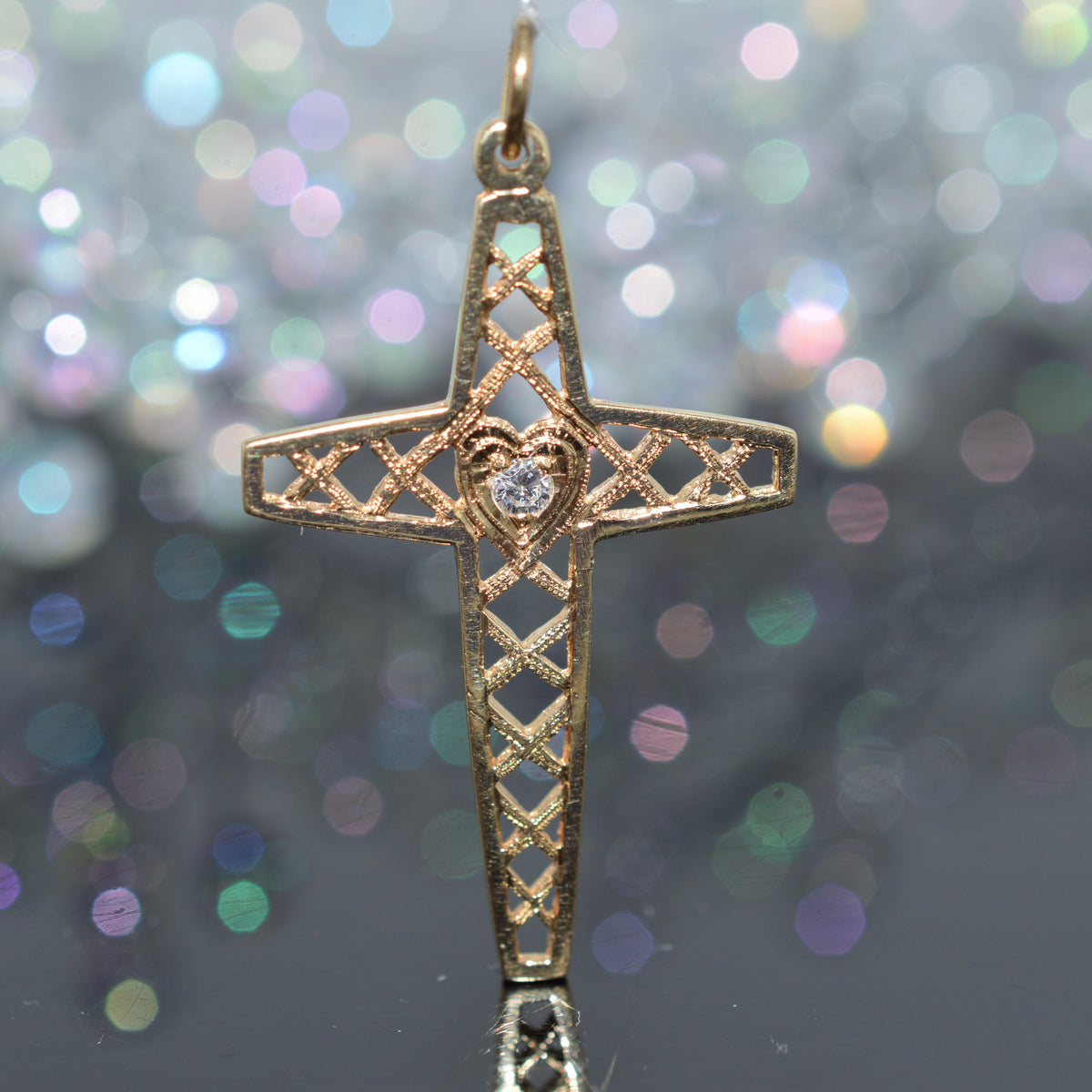 14K Yellow Gold Open Work Cross With Diamond