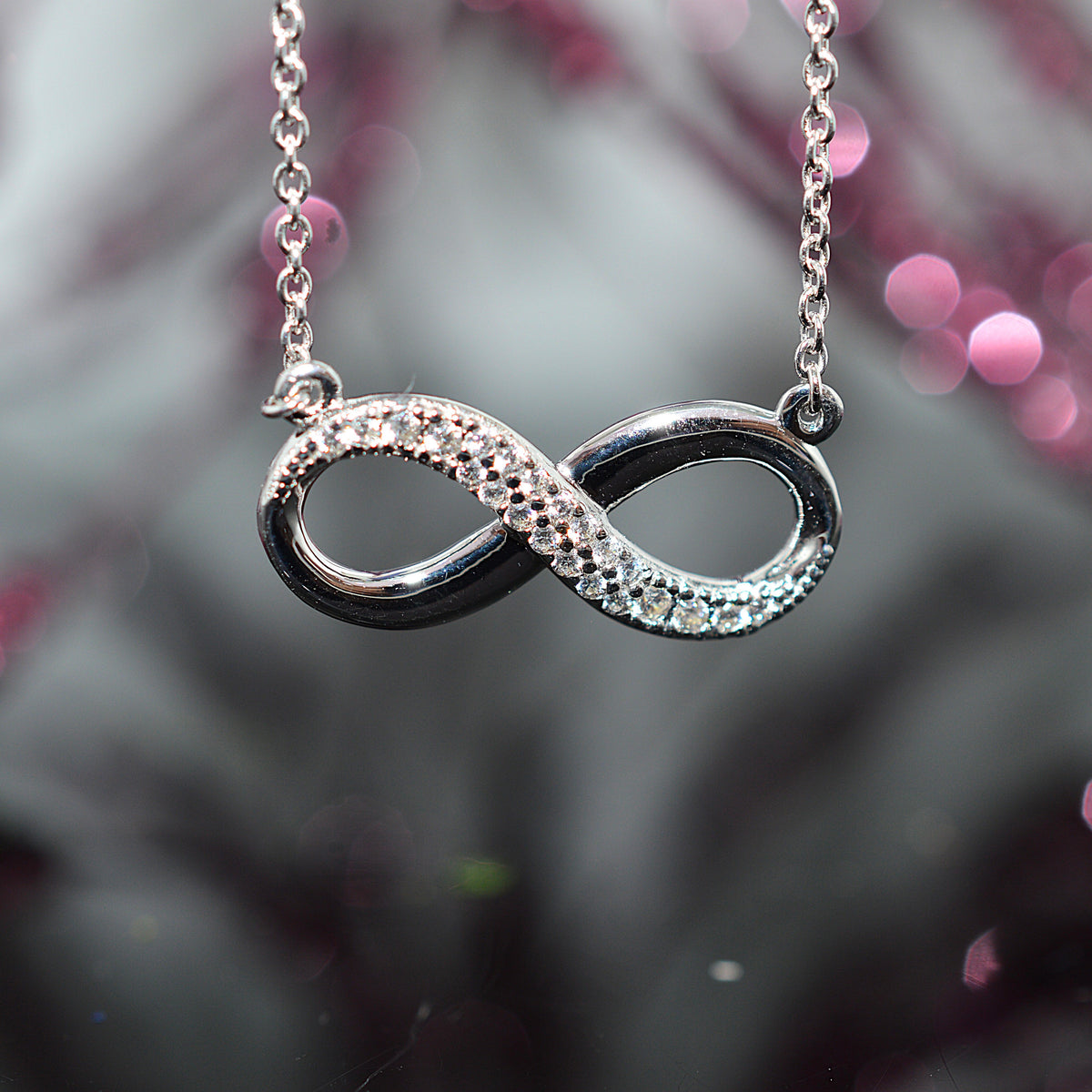 Sterling Silver Infinity Necklace With Simulated Diamonds