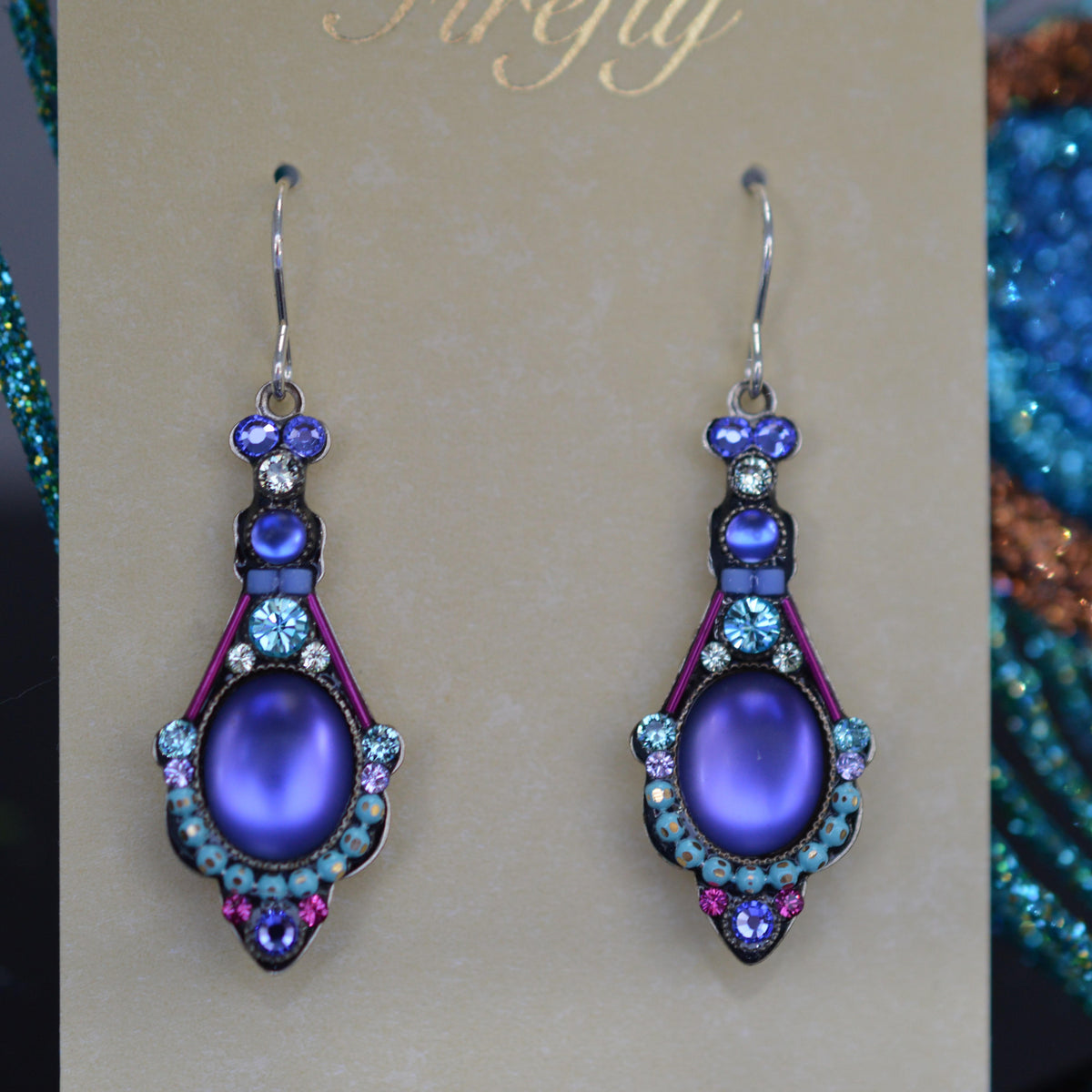 Antique Silver Plate Large Moonlight Drop Earrings With Tanzanite Color Crystals By Firefly