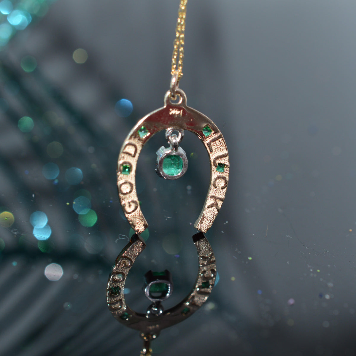 14K Yellow Gold Good Luck Emerald Horseshoe Pendant With Chain