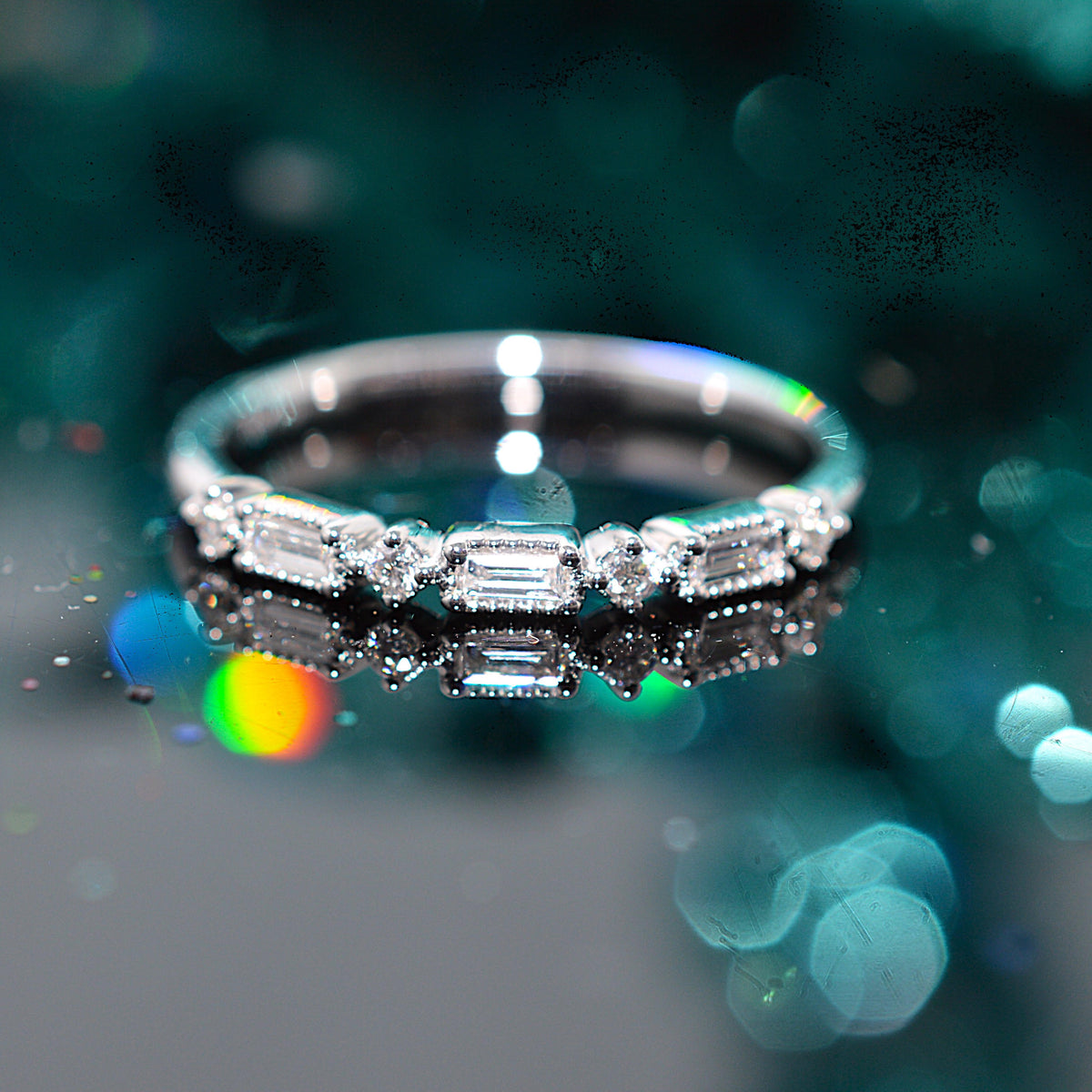 14K White Gold Anniversary Ring With Alternating Round & Baguette Cut Diamonds
