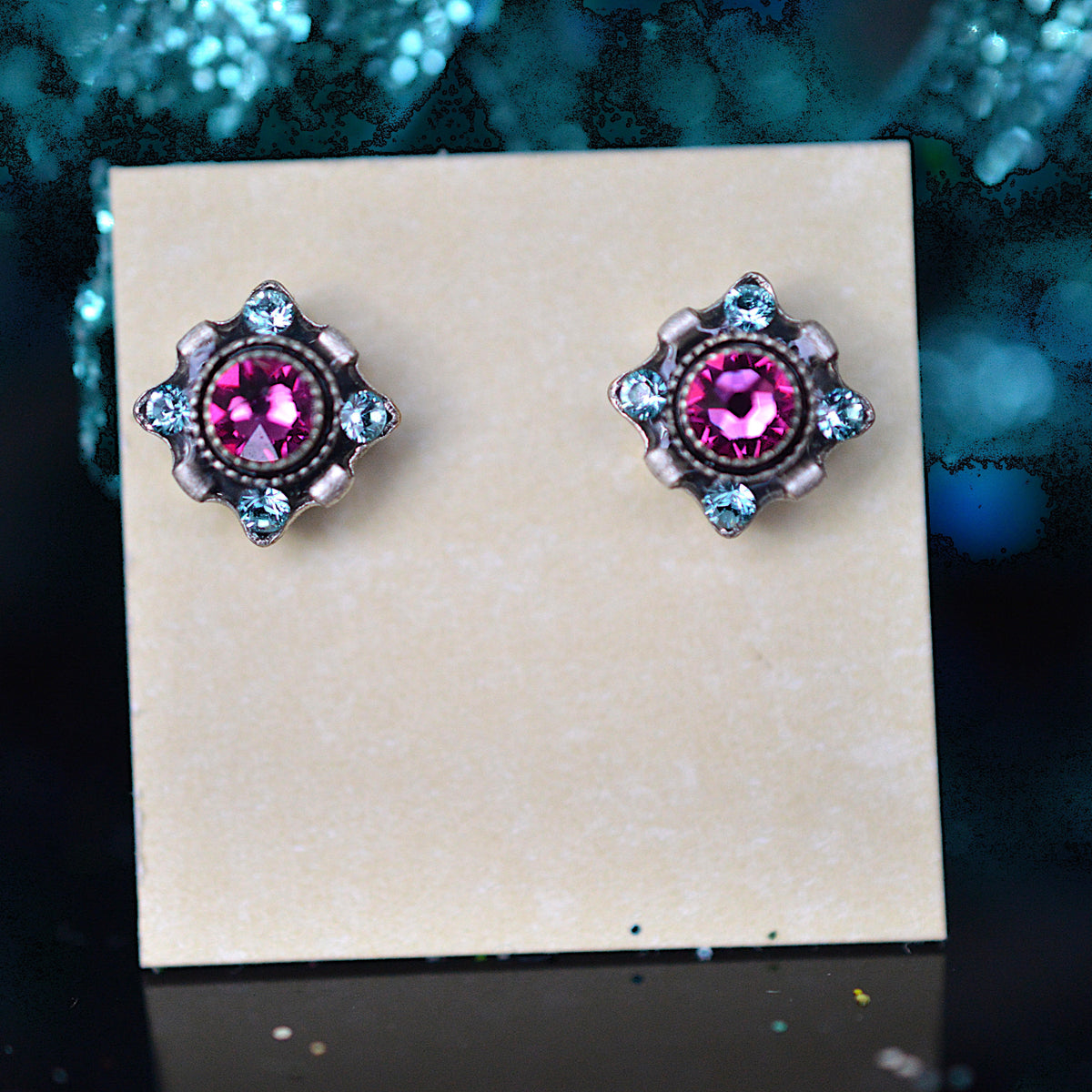Antique Silver Plated Dulce Petite Stud Earrings With Fuchsia Crystals by Firefly