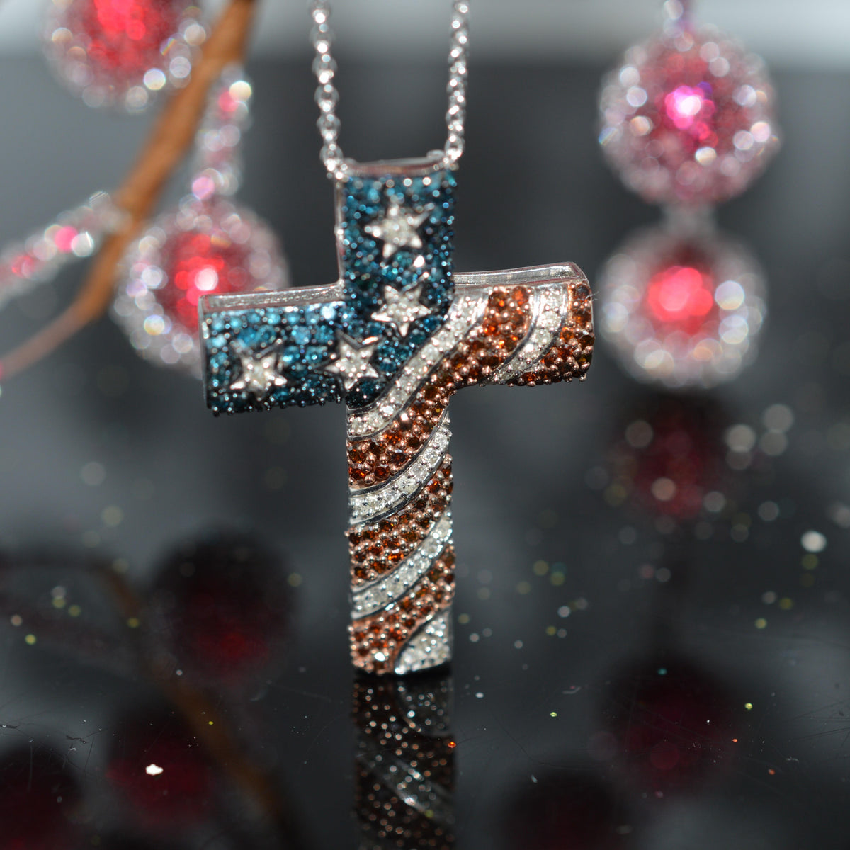 Sterling Silver 1 Carat Total Weight Stars & Stripes Diamond Cross Necklace