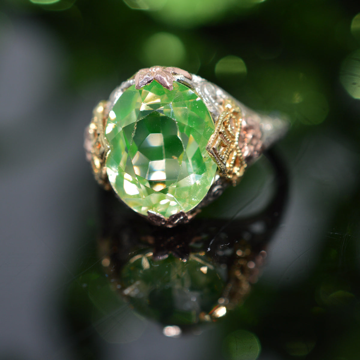 14K Tri-Color Gold Antique Filigree Synthetic Spinel Ring