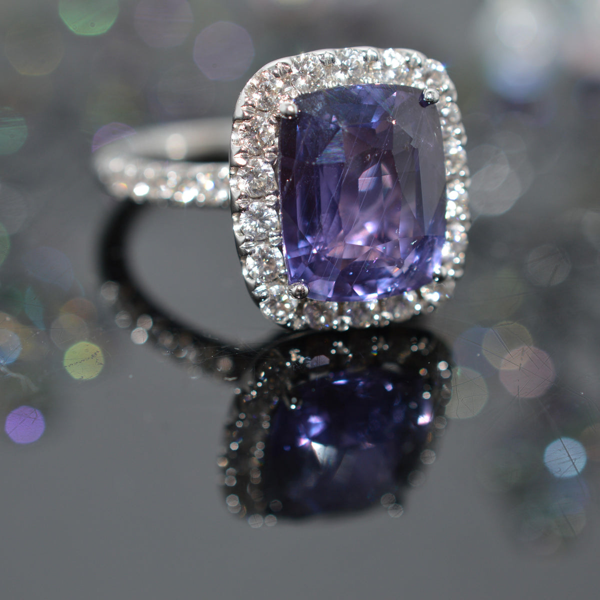 18K White Gold Large Purple Sapphire And Diamond Ring