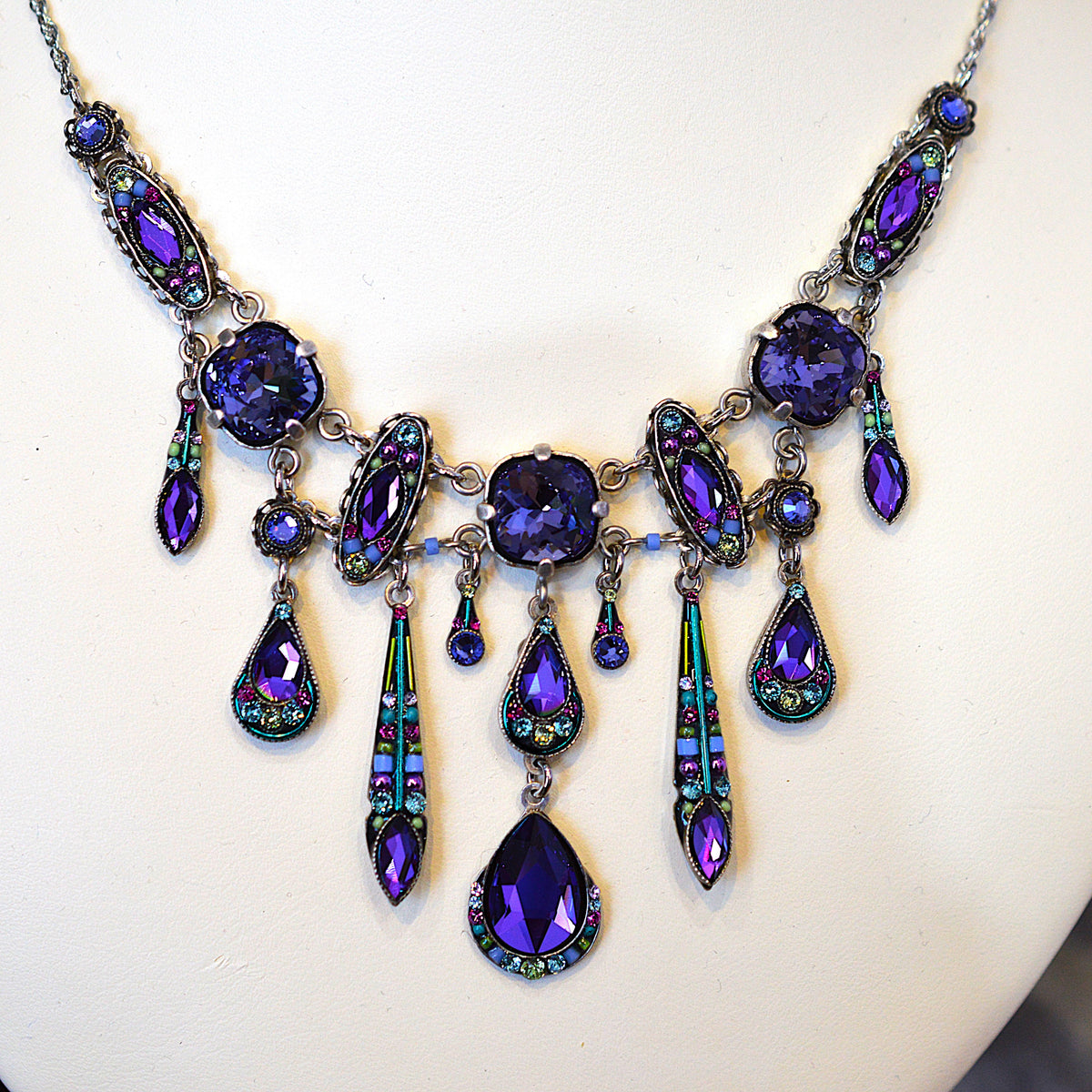 Antique Silver Plated Elaborate Carmel Necklace With Purple Crystals by Firefly