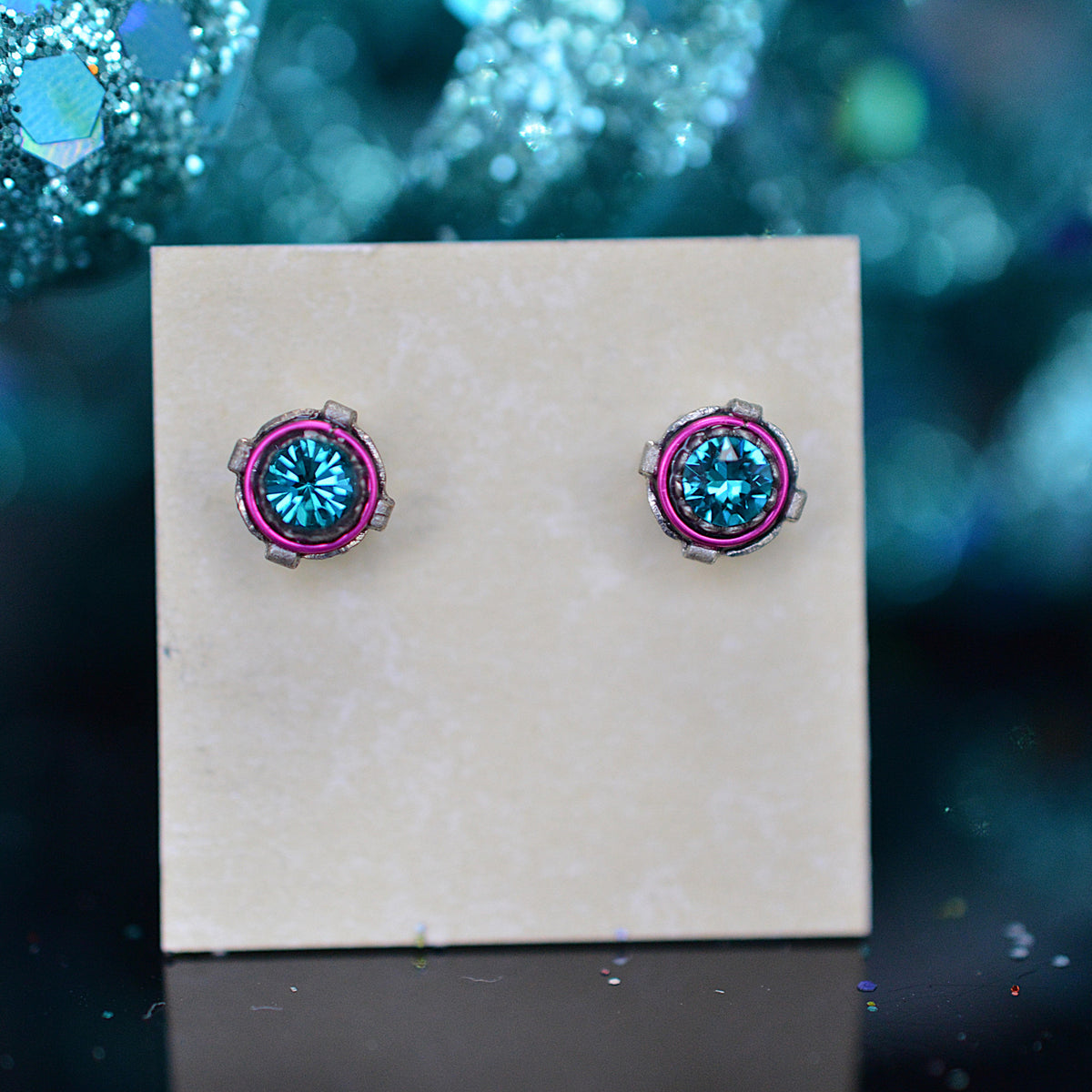 Antique Silver Plated Stud Earrings With Blue Zircon Colored Crystals by Firefly