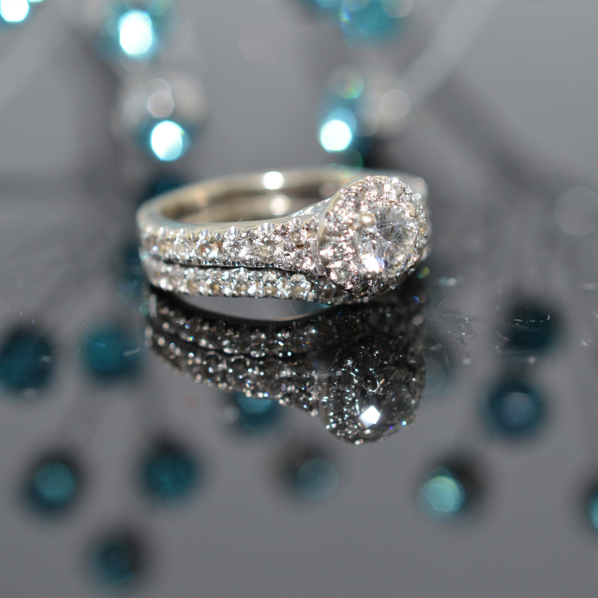 14K White Gold "Tolkowsky" Diamond 2 Piece Engagement Ring Set