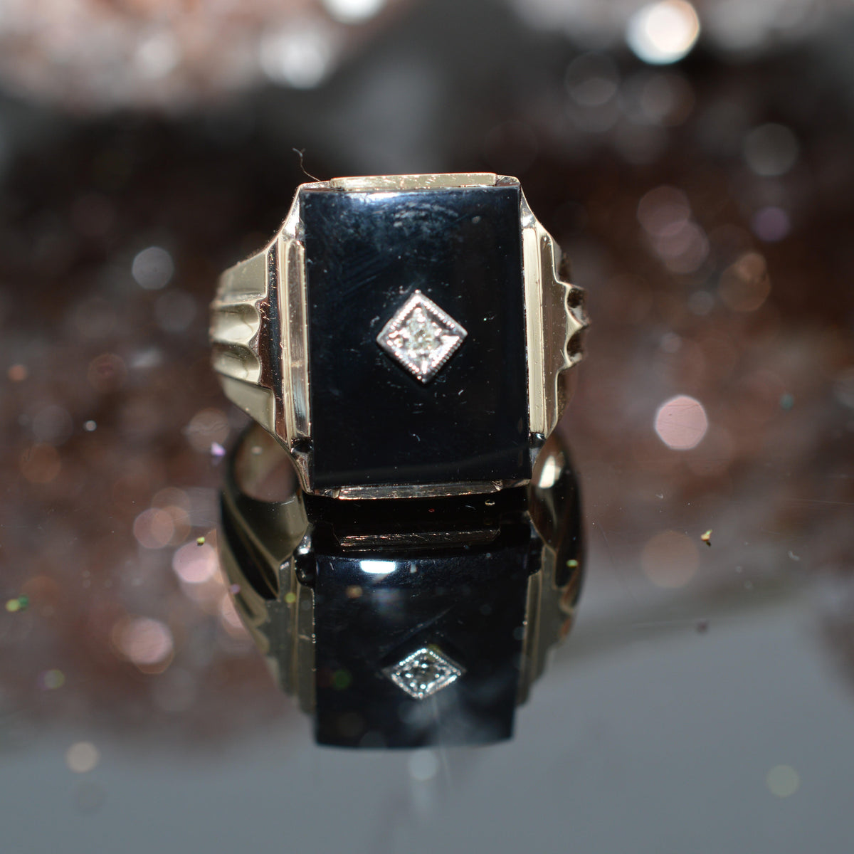 10K Yellow Gold Rectangular Black Onyx And Diamond Ring