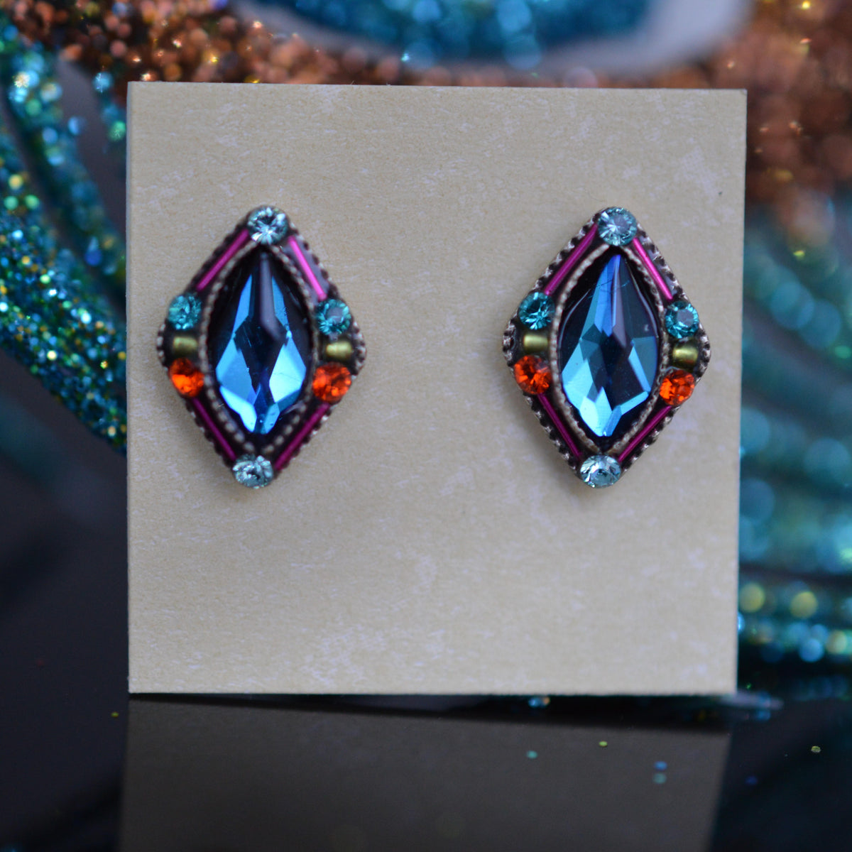 Antique Silver Plated Architectural Navette Stud Earrings With Multi-Color Crystals by Firefly