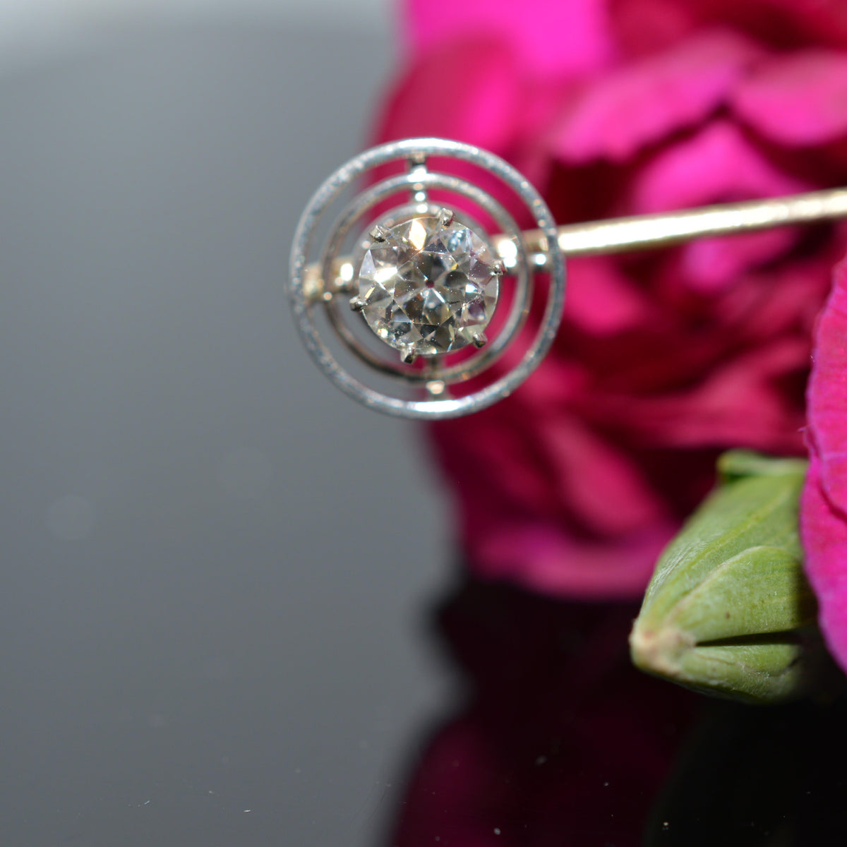 14K Yellow Gold Old European Cut Diamond Stickpin With Platinum Triple Halo