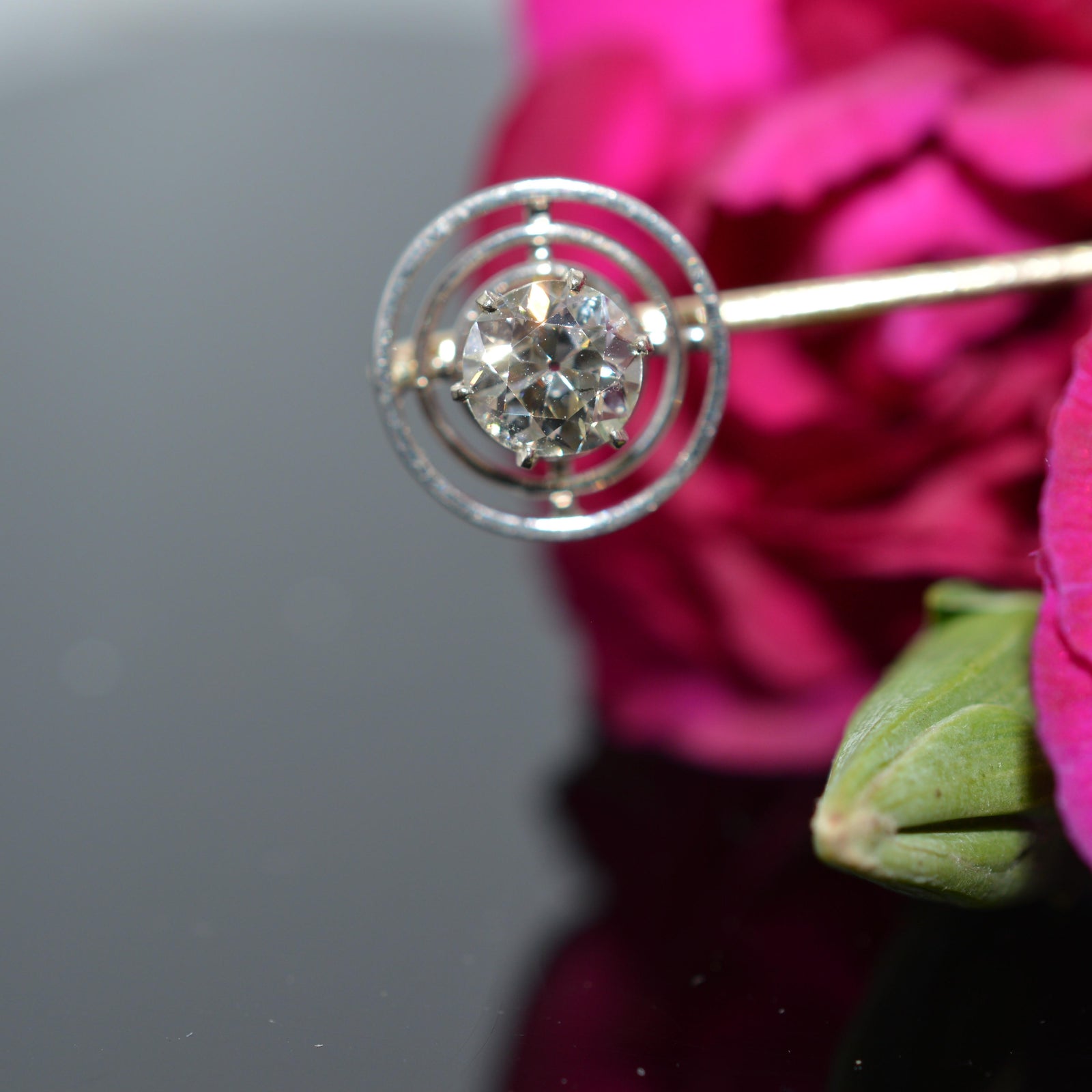 14K Yellow Gold Old European Cut Diamond Stickpin With Platinum Triple Halo