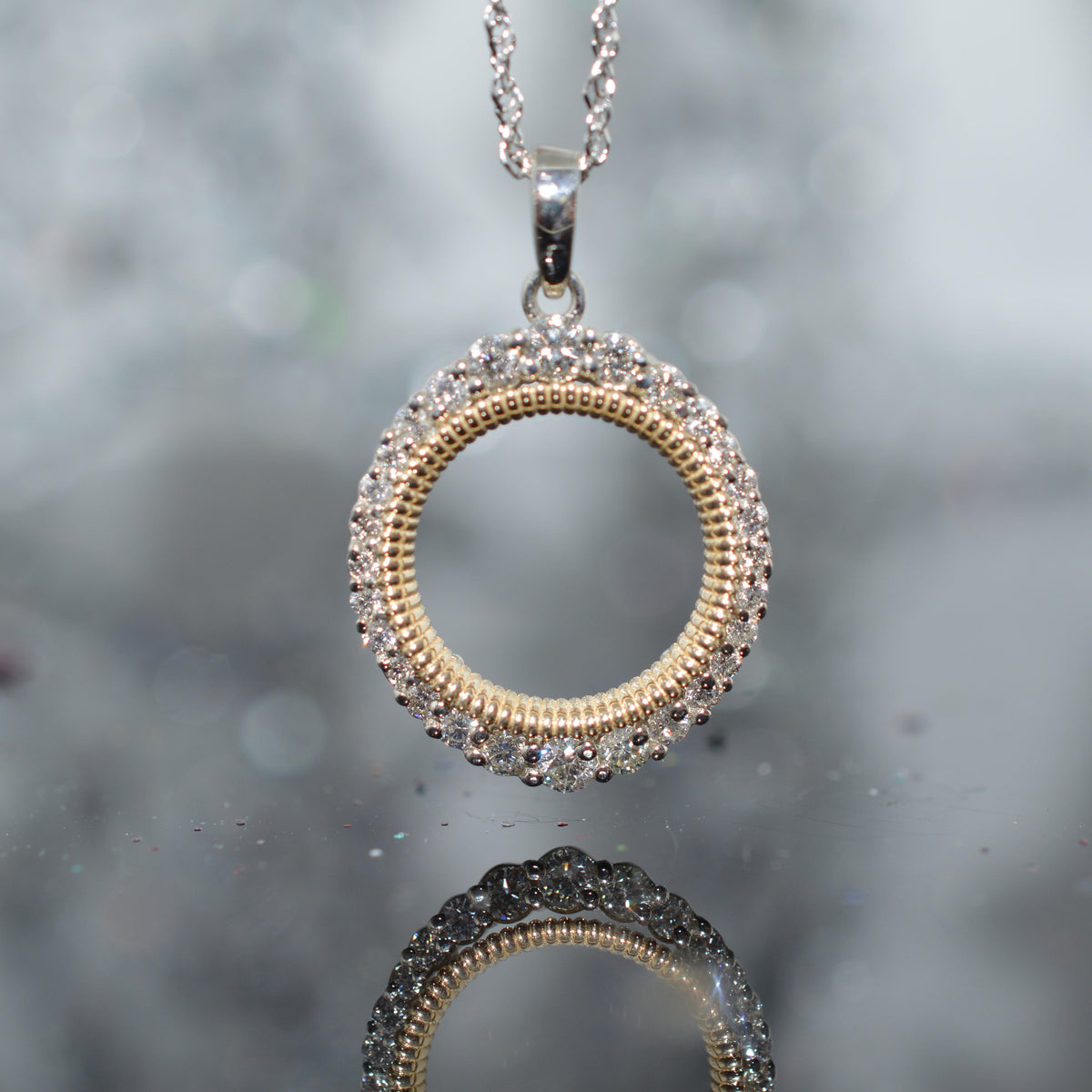 14K Two Tone Gold Diamond Circle Pendant With Chain