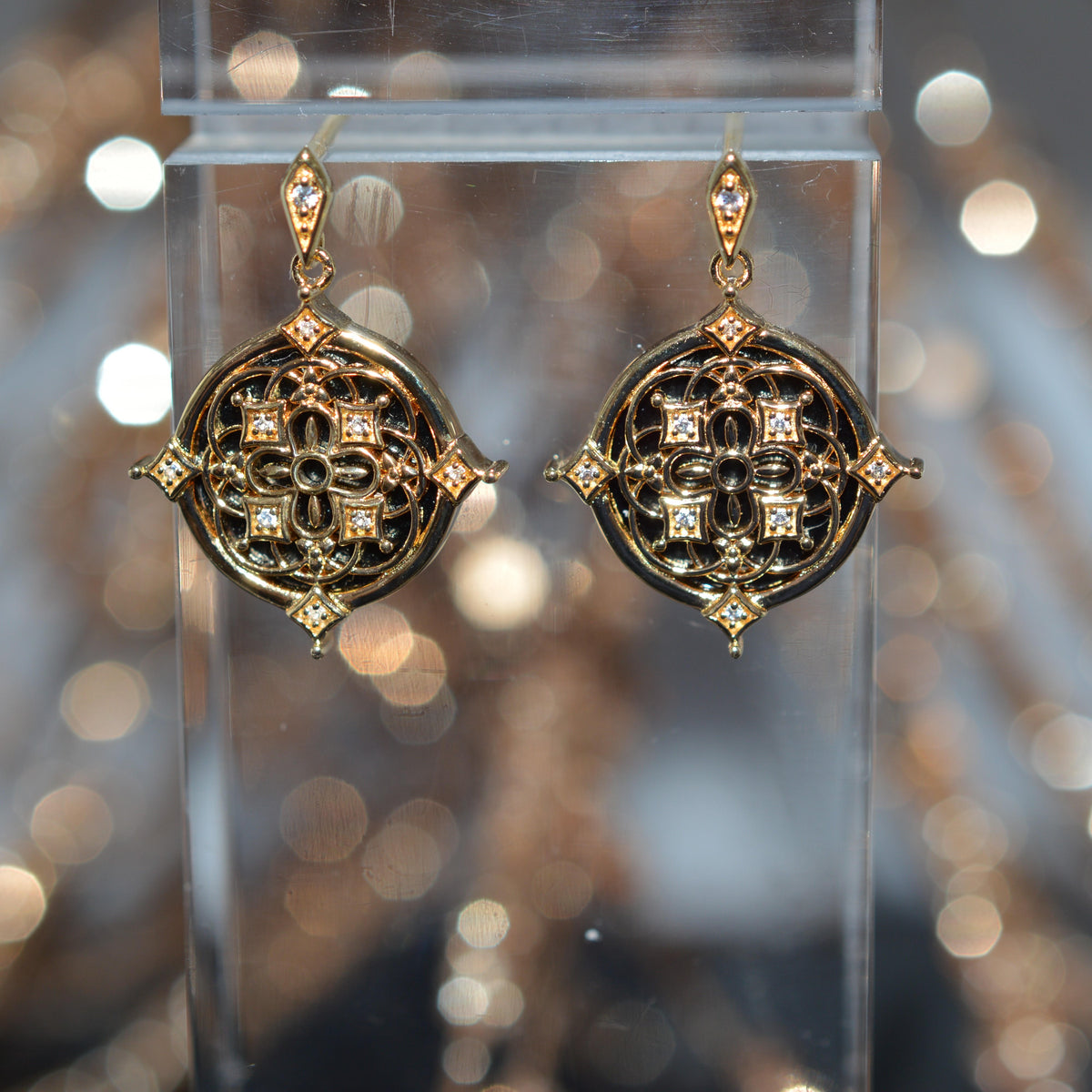 Gold Vermeil Earrings With Round Black Onyx And White Sapphires