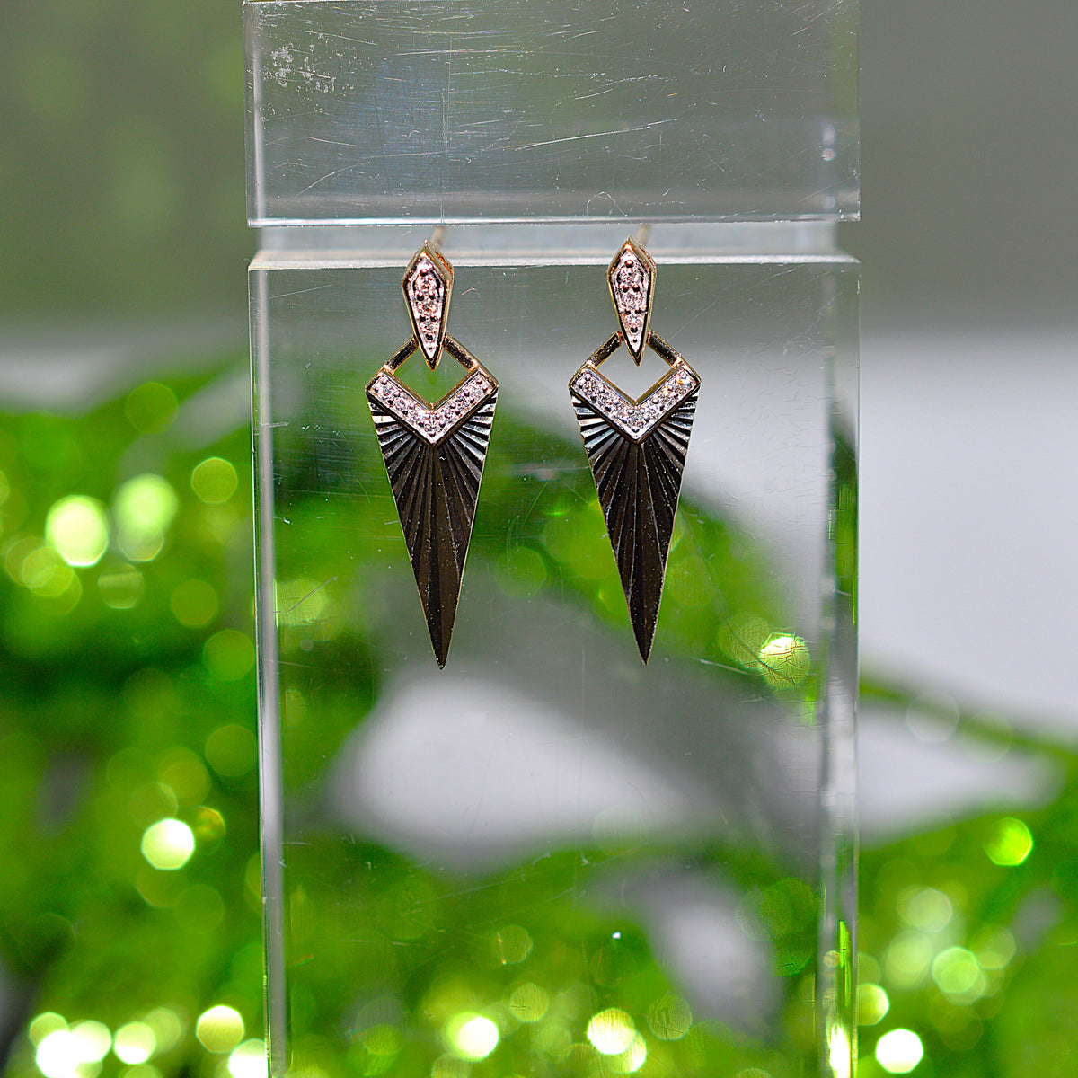 14K Yellow Gold Art Deco Style Chevron Sunburst Drop Earrings With Diamonds