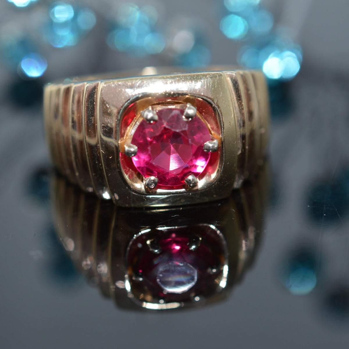 14K Yellow Gold Ring With Round Synthetic Ruby