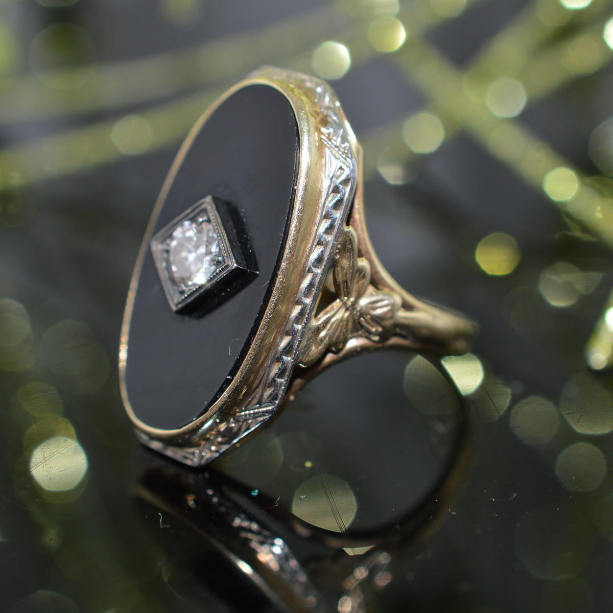 10K Two Tone Gold Elongated Oval Black Onyx & Diamond Ring