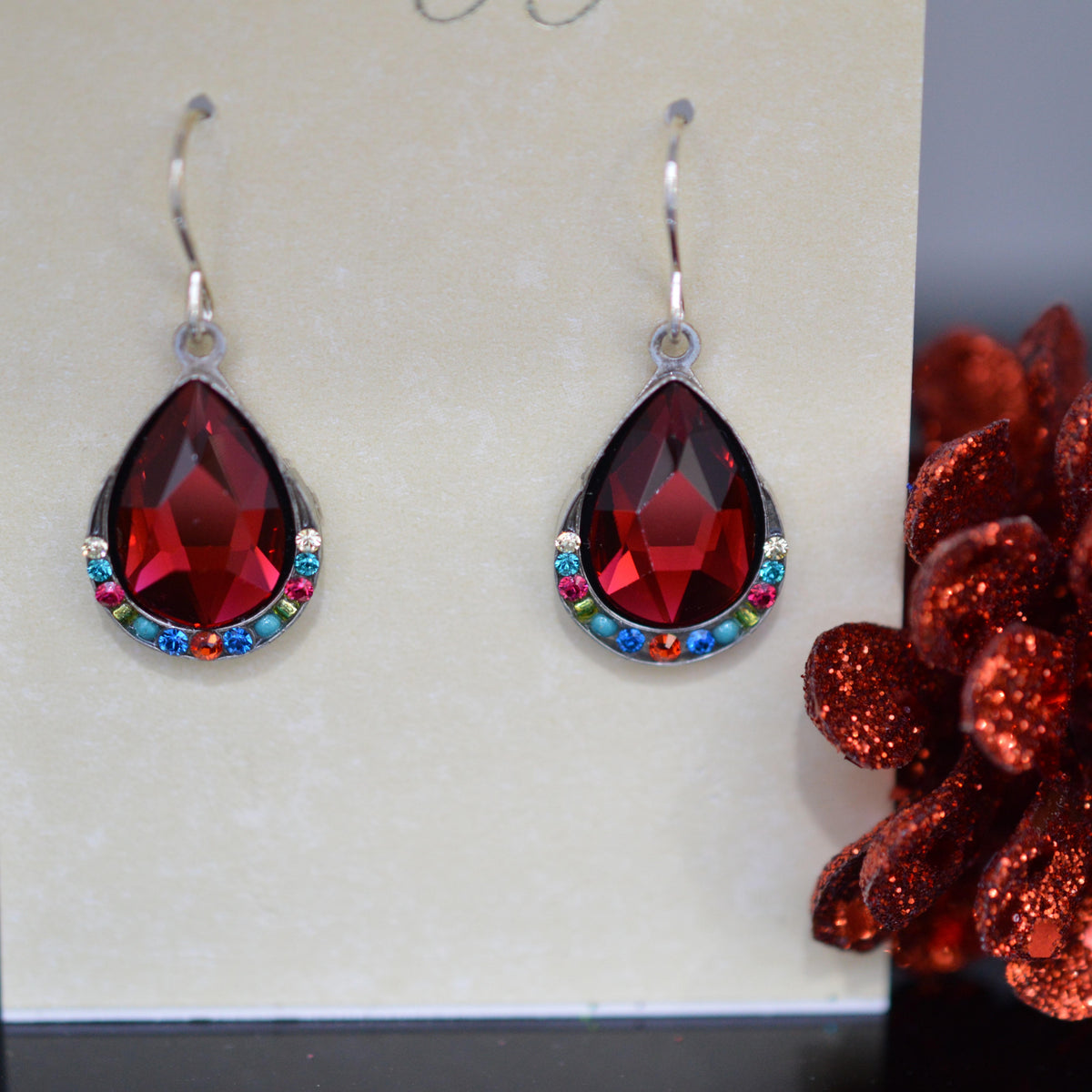 Antique Silver Plate Elizabeth Teardrop Earrings With Multi-Color Crystals By Firefly